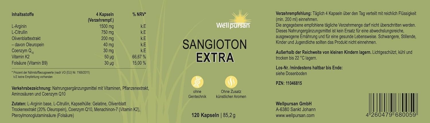 Wellpursan Sangioton Extra, 240 Stück, hochwertige L-Arginin Kapseln hochdosiert mit L-Citrullin, Olivenblatt, Coenzym Q10,Vitamin K2, 100% Vegan, frei von Zusätzen
