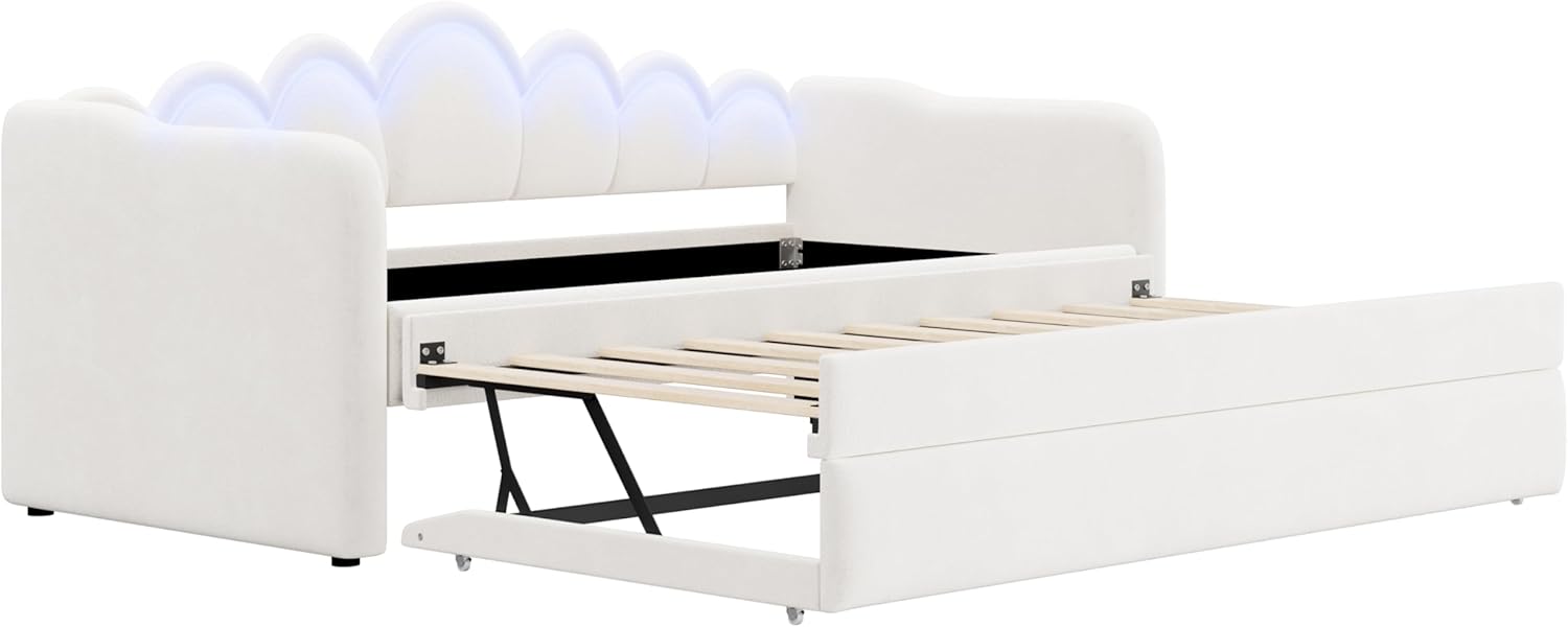 Merax Twin XL Daybed with Trundle and LED Lights, Upholstered Daybed Frame with Convertible Trundle (Flips to Low Profile), Space-Saving Bed for Guest Room/Dorm/Small Spaces, White