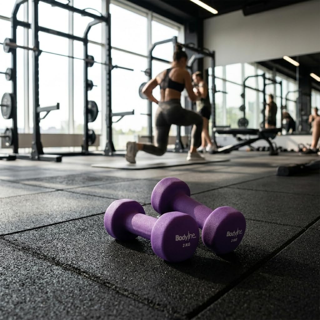 Paire D’haltères Bodyline 2 Kg – Antidérapants, Fonte + Néoprène Violet – Parfaits Pour La Maison Et La Gym