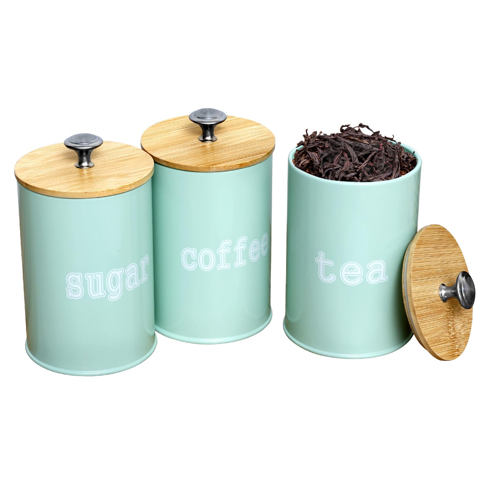 KTCINA 3Pcs Tea Coffee Sugar Canisters, 1100ml Round Kitchen Canister Set with Bamboo Lid & Handle Metal Food Storage Container Bin Airtight Food Storage Jars for Coffee Sugar Tea Beans Grains(Green)