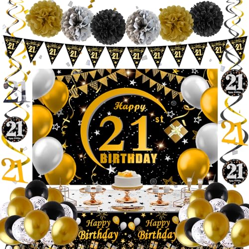 21st Birthday Decorations for Him Her, 21st Birthday Banner Backdrop Balloons Black and Gold, Happy 21st Bday Decorations for Men Banners Tablecover Triangle Flag, 21 Year Old Bday Gift Party Supplies