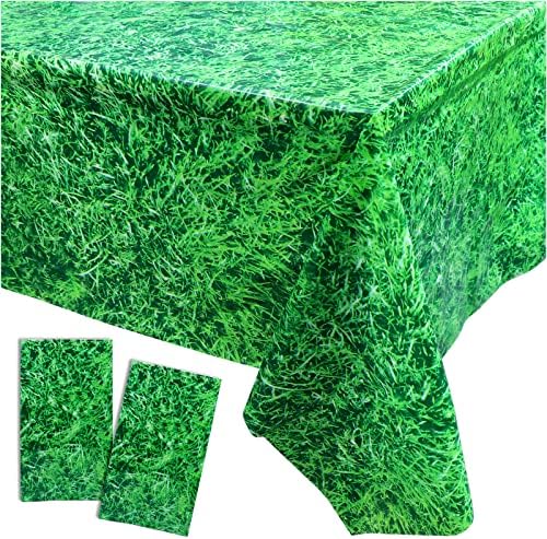 Green Grass Tablecloth 2 Pack Summer Jungle Safari Wild One Birthday Plastic Table Cloth for Rectangle Tables Grass Field Print Table Covers for Soccer Sports Themed Birthday Party Supplies 54 x 108’