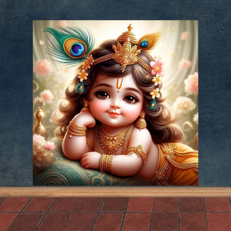 Image of British Terminal Cute little Bal Gopal Baby God Krishna| Kanha Ji | Laddu Lord Makhan Chor Painting Religious Poster for Pregnant Women for wall (matt thin vinyl,sticker,multicolor,unframed)| bj428