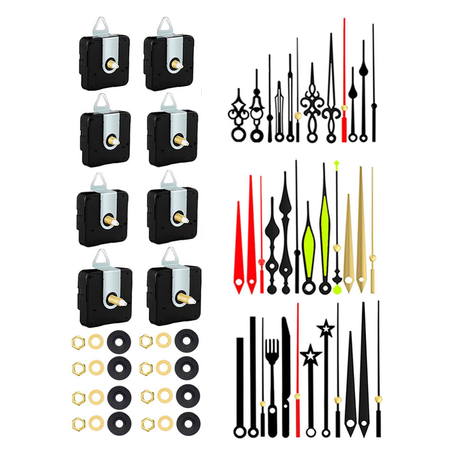 MINGLEA 8Pcs Quiet Quartzs Clock Movement Mechanism with 12 Different Hands Set for Crafting Wall Clock Shaft Length 13/18/24mm
