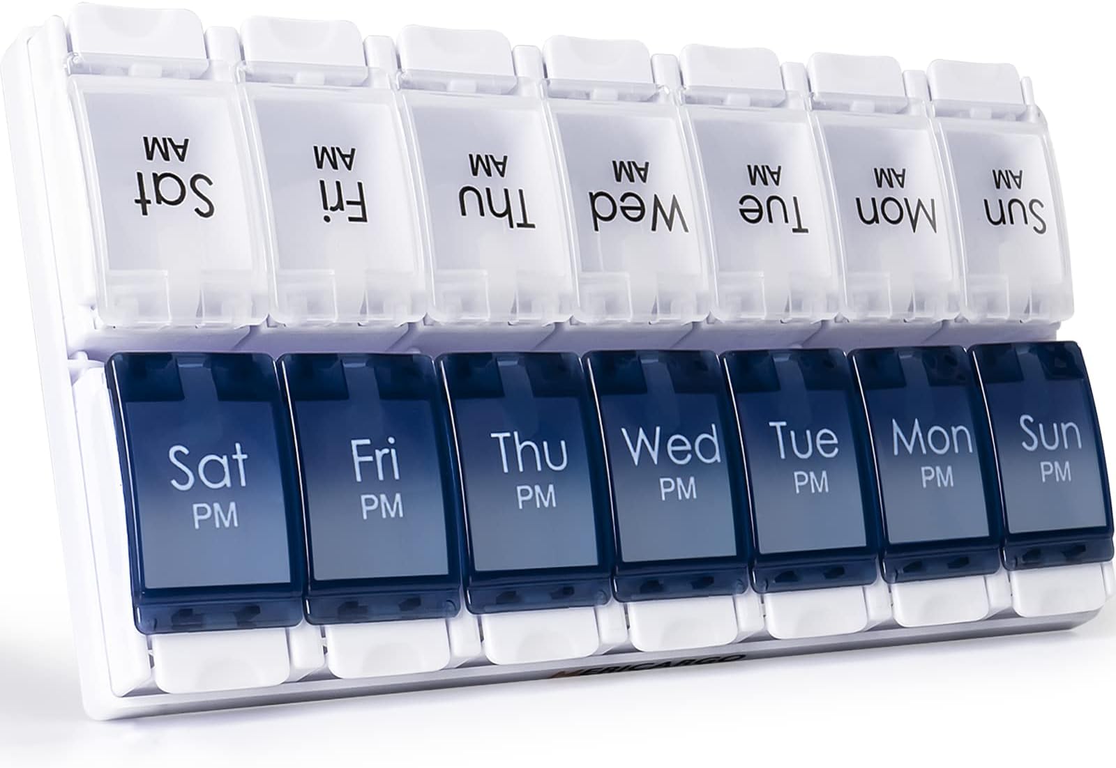 Weekly Pill Box Organiser, 14 Compartments, 2 Times a Day, Travel Tablet Medication Box with Push Button Design for Vitamin, Fish Oil, Supplements