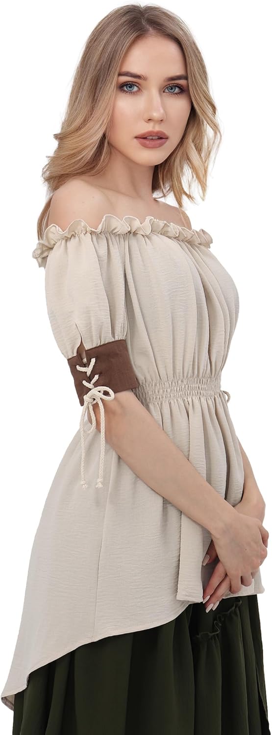 Renaissance Shirt for Women Pirate Blouses Peasant Victorian Top Off Shoulder Puff Sleeve Ren Faire Costume - Image 3