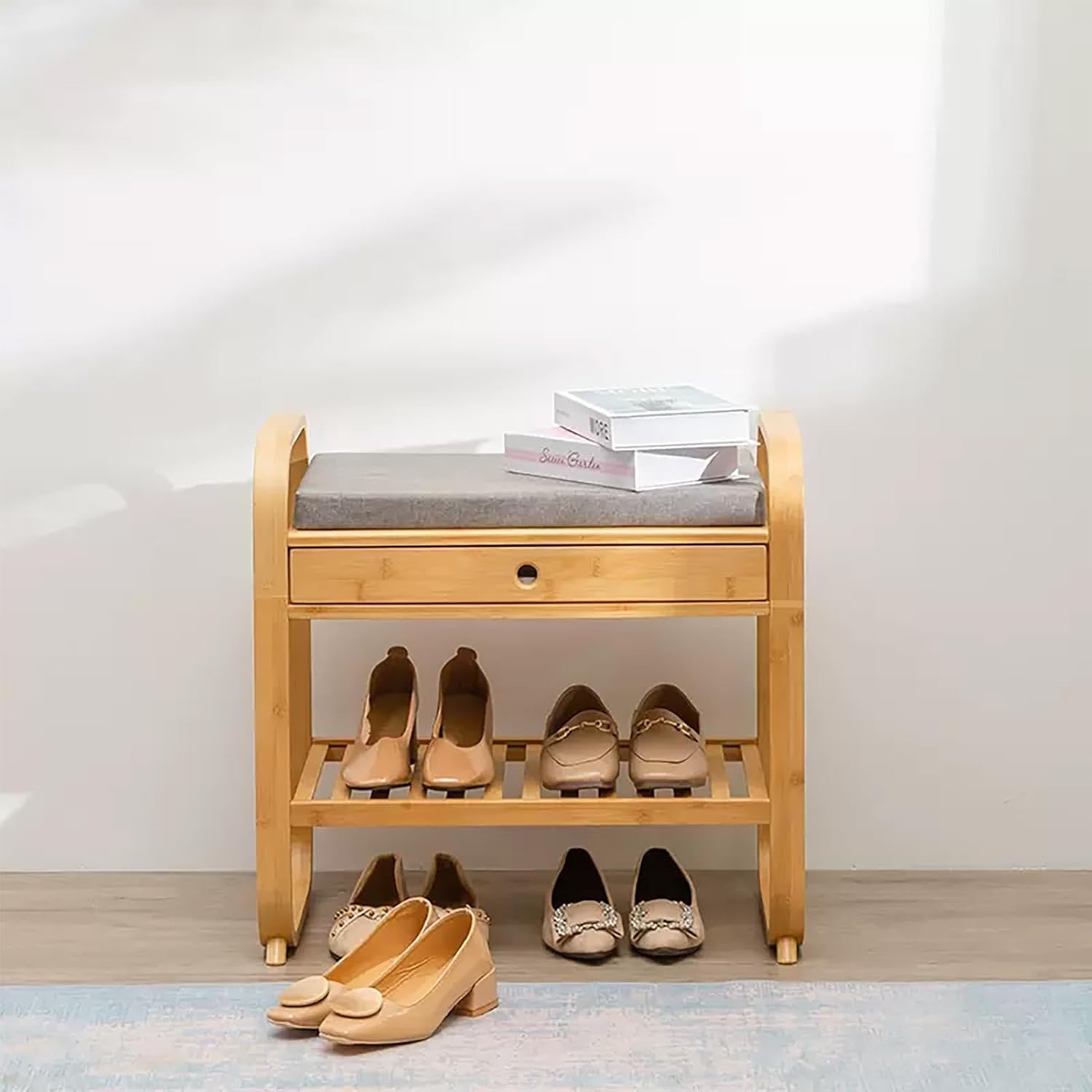 Shoe Bench with Storage Drawer, Bamboo Shoe Rack Bench with Open Shelves, Removable and Washable Upholstered Seat, Entryway Shoe Storage Bench, for Bedroom end of Bed, Living Room (Size :