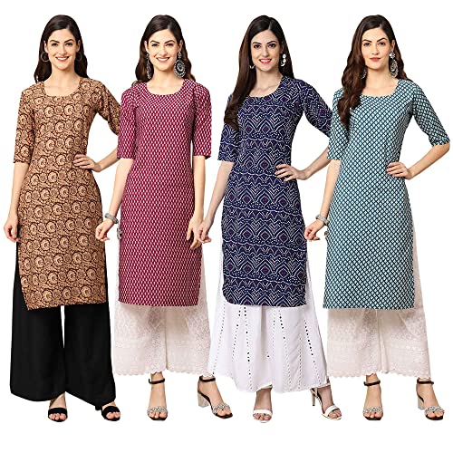 Image of Pinkmint Women's Crepe Digital Print Straight Kurta [Pack of 4] (CCV-334-338-339-335)