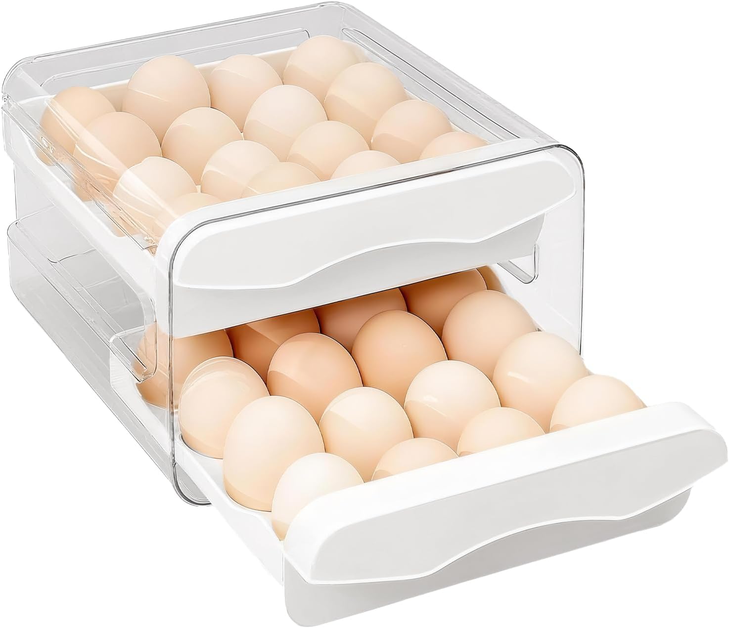 Refrigerator egg tray, refrigerator automatic box, 32 egg dispensers, double-layer transparent stackable refrigerator storage box, refrigerator storage box with handle (White)