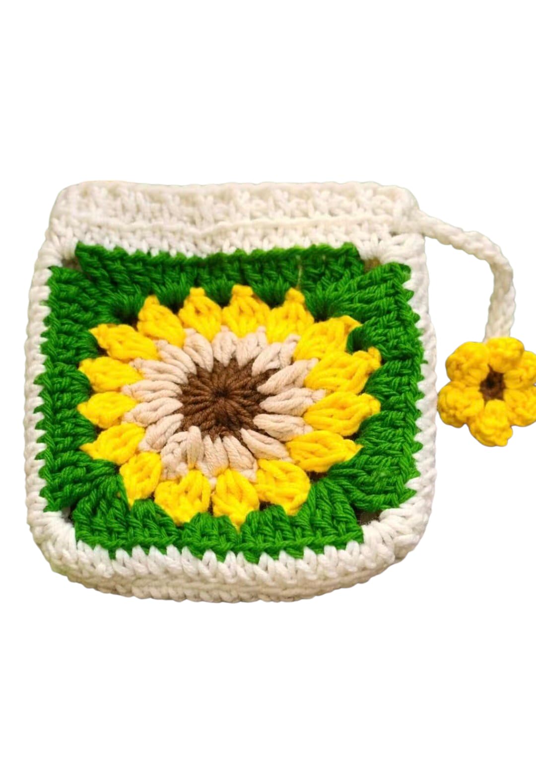 Handmade Crochet Sunflower Granny Square Bag, Yellow and Green, Drawstring Closure-picture-11