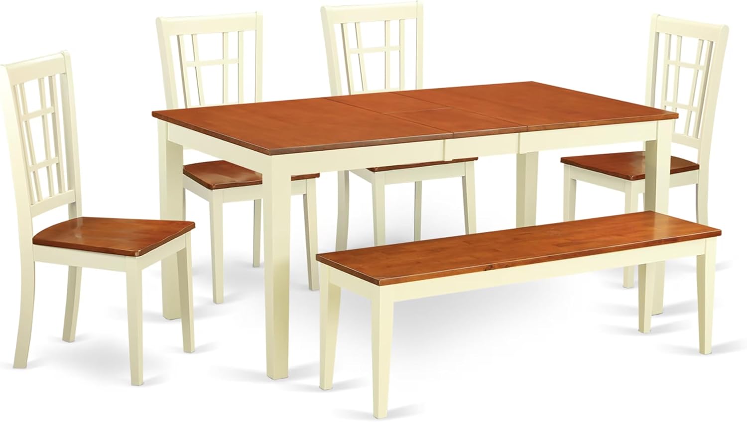 East West Furniture NICO6-WHI-W 6 Piece Dining Table Set Contains a Rectangle Dining Room Table with Butterfly Leaf and 4 Wooden Seat Chairs with a Bench, 36x66 Inch, Buttermilk & Cherry