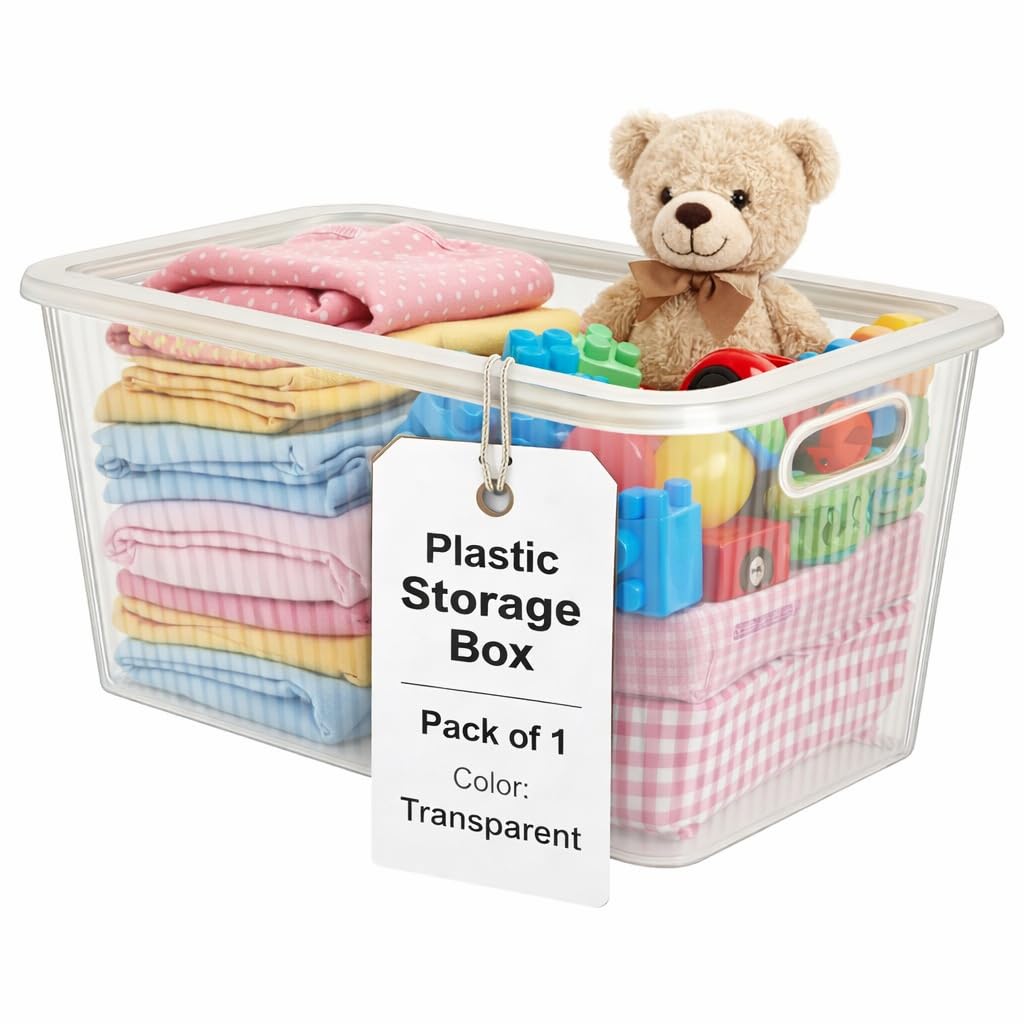 Plastic Storage Box with Lid – Large Stackable Organizer Storage Box for Clothes, Toys, Kitchen – Big Size Plastic Storage Container Basket for Home, Office, Bathroom(Large,1pc,Transparent)