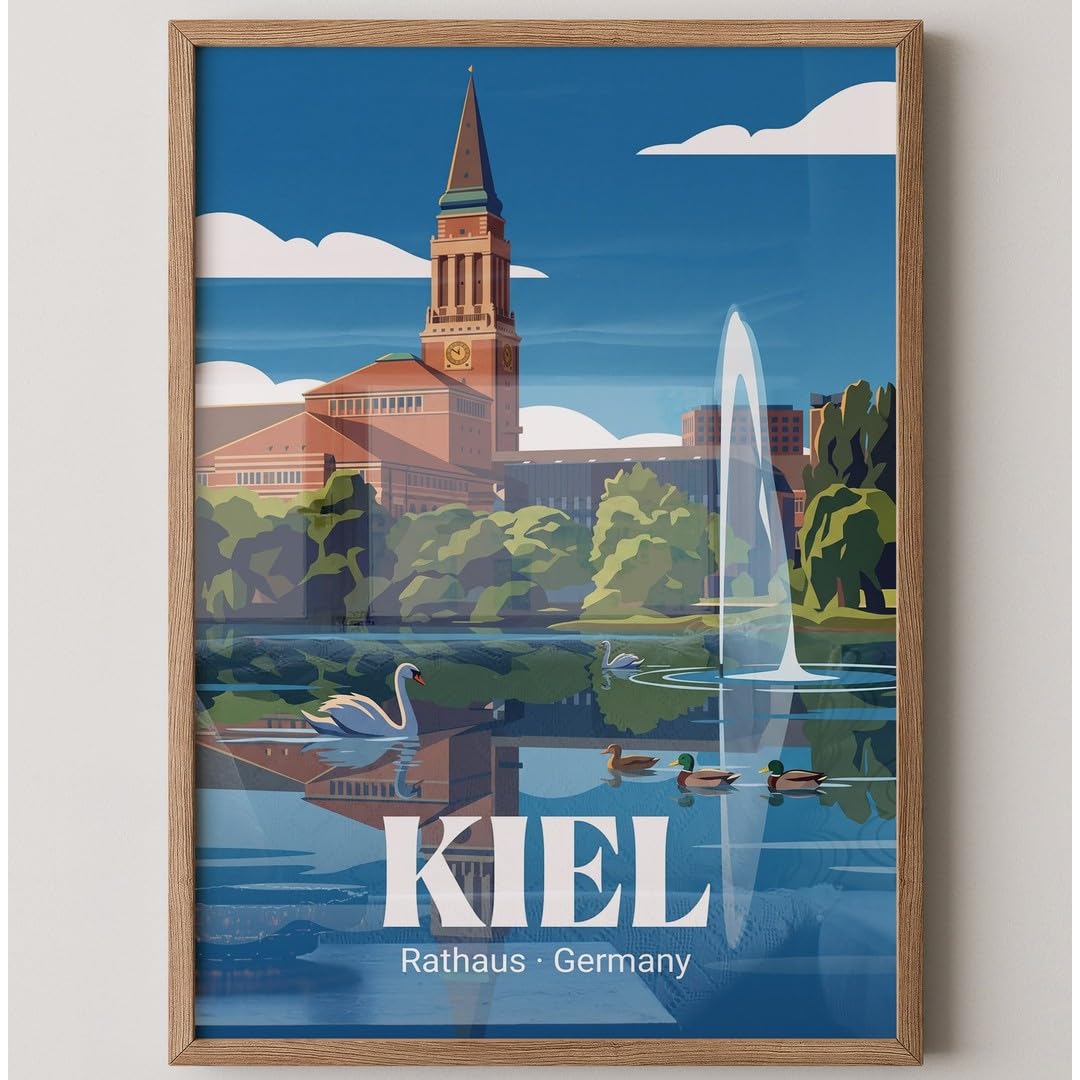 MJ-GRAPHICS® Poster Kiel Rathaus Wandbild Architektur Kunstdruck minimalistisch Blau Beige Wohnzimmer Stadtansicht Deko Büro Bilder urban in Deutschland 50x70 mit weißem Rahmen