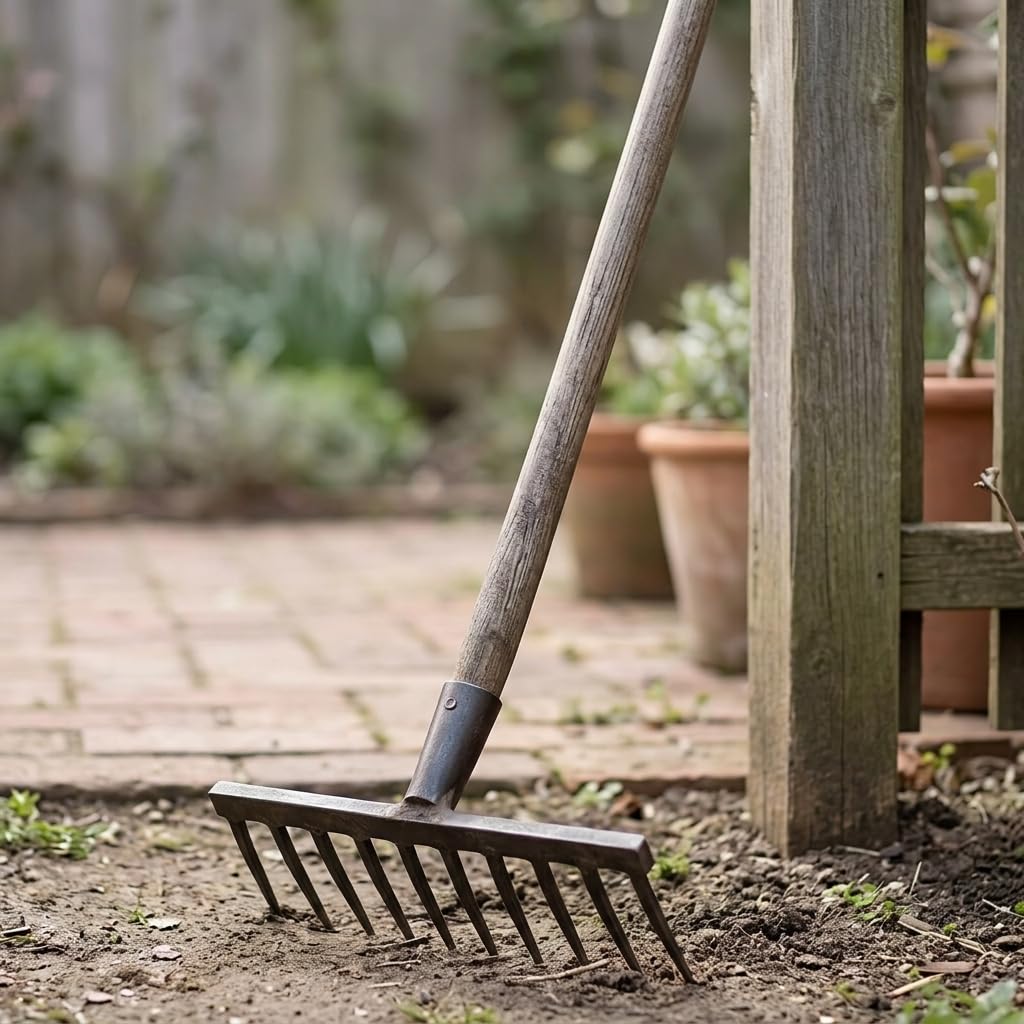 Rastrello da Giardino per Terreno, Testa a denti piatti, Rastrello da giardino, Preparazione aiuole, Per appassionati , Manico in legno da 1,2 metri