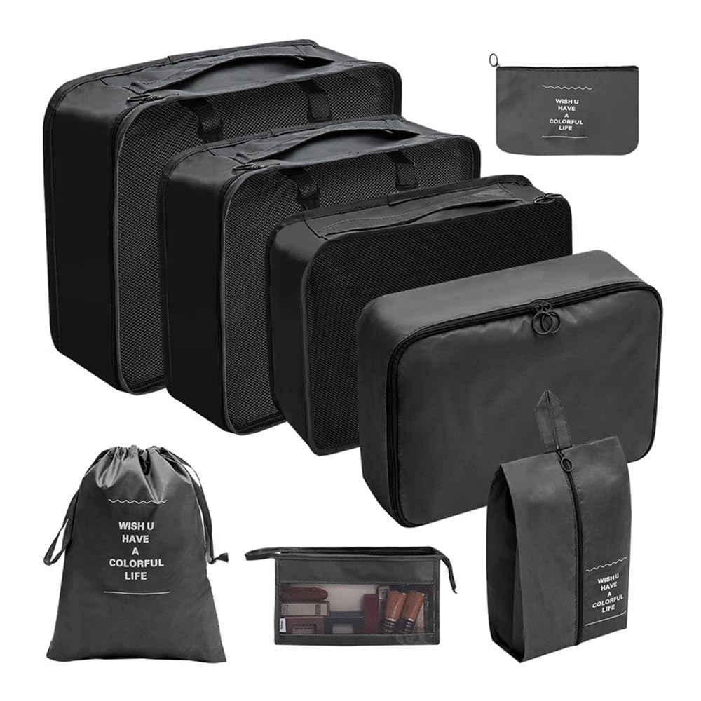 Set da 7/8/9/10 pezzi, organizer da viaggio, valigie, cubi, set di valigie, portatili, vestiti, scarpe, sacchetti pieghevoli (8 pezzi nero)