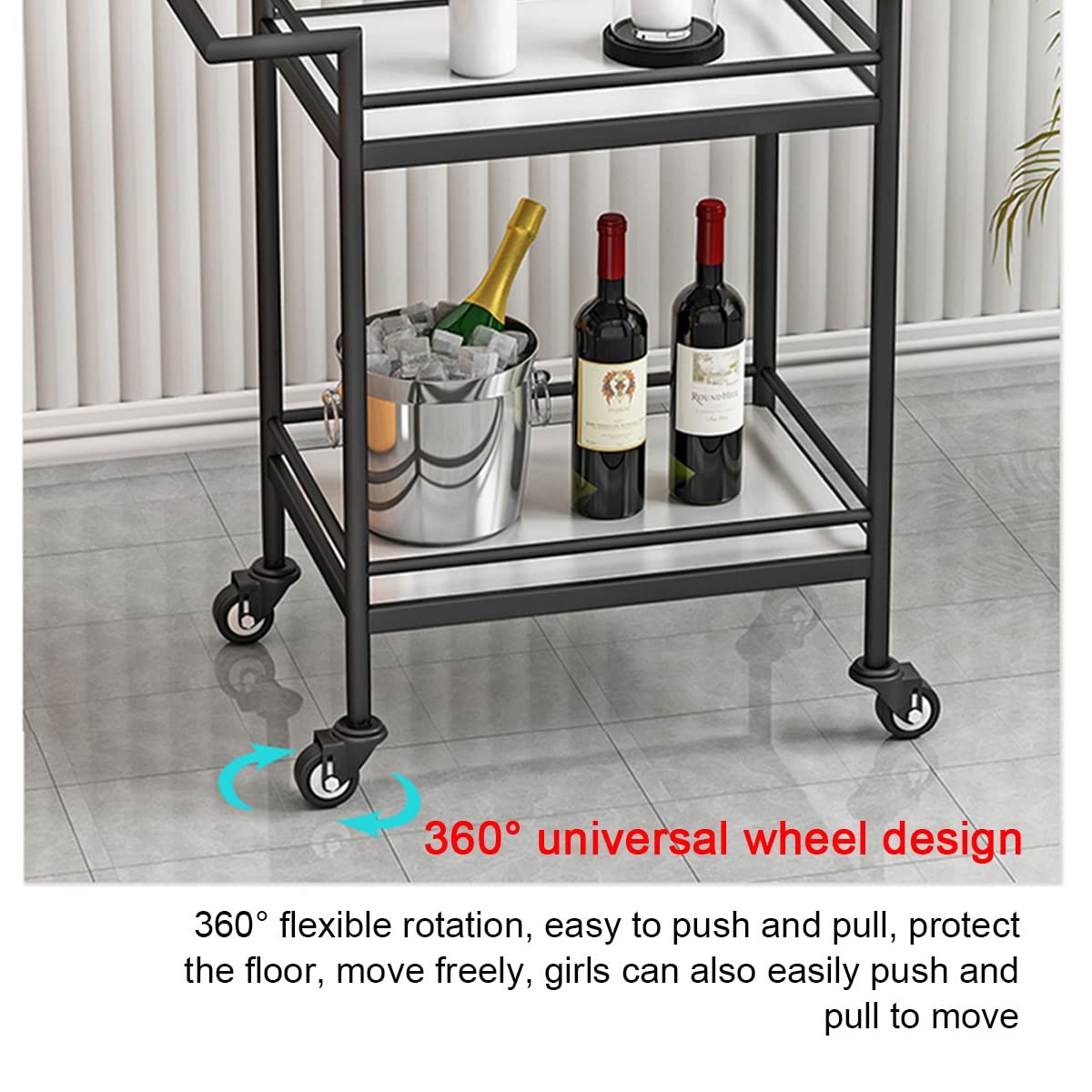 Carrello da tè ecologico in legno con ruote universali, perfetto per servire birra e vino Drin Craft in hotel, scaffali Ele Black & d per cene sofisticate