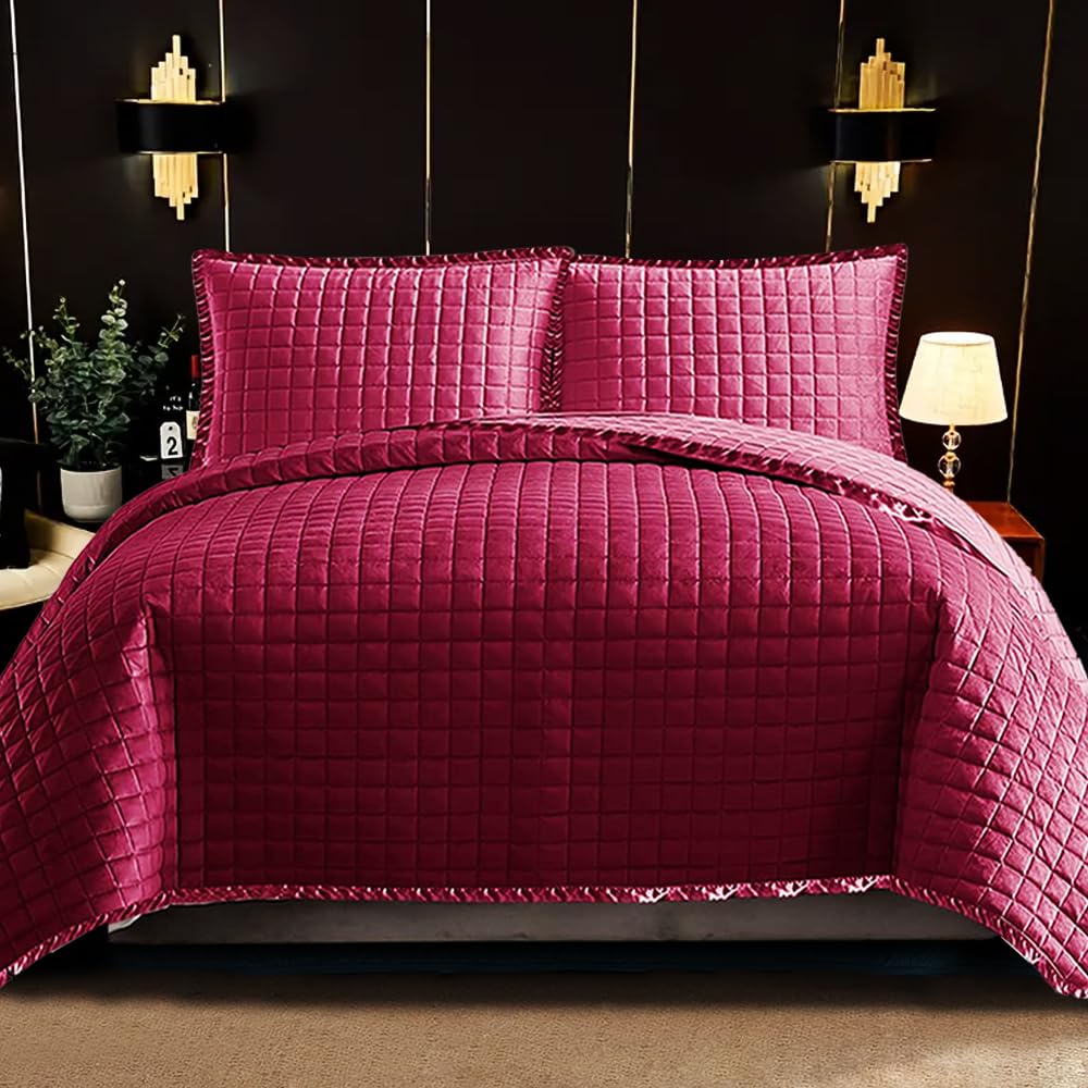 Fit Even Quilt Osca Bedspread 2 Piece Set – Coverless Quilted Square Pattern Bedspread, Comforter Throw, Summer and All-Season Lightweight Bedding Sets, with 1 Pillow Sham (Single, Red)