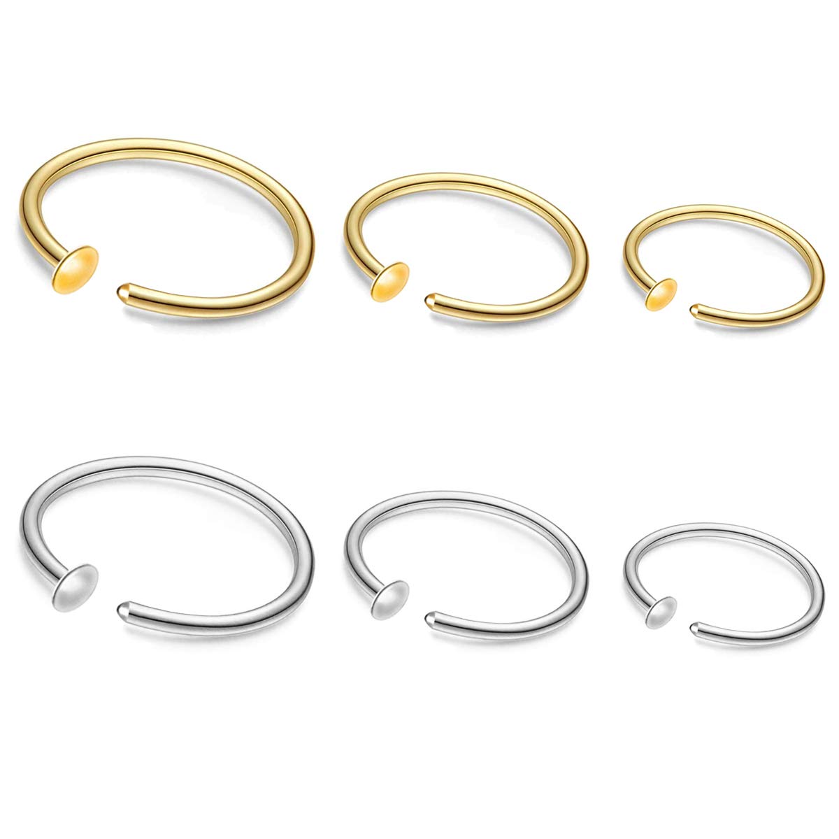 ZogCowy6Pcs 22G Gold Nose Ring Hoop Surgical Steel Small Thin Cartilage Nose Ring Tiny Snug Fit Nose Piercing Jewelry 6mm 7mm 8mm Adjustable