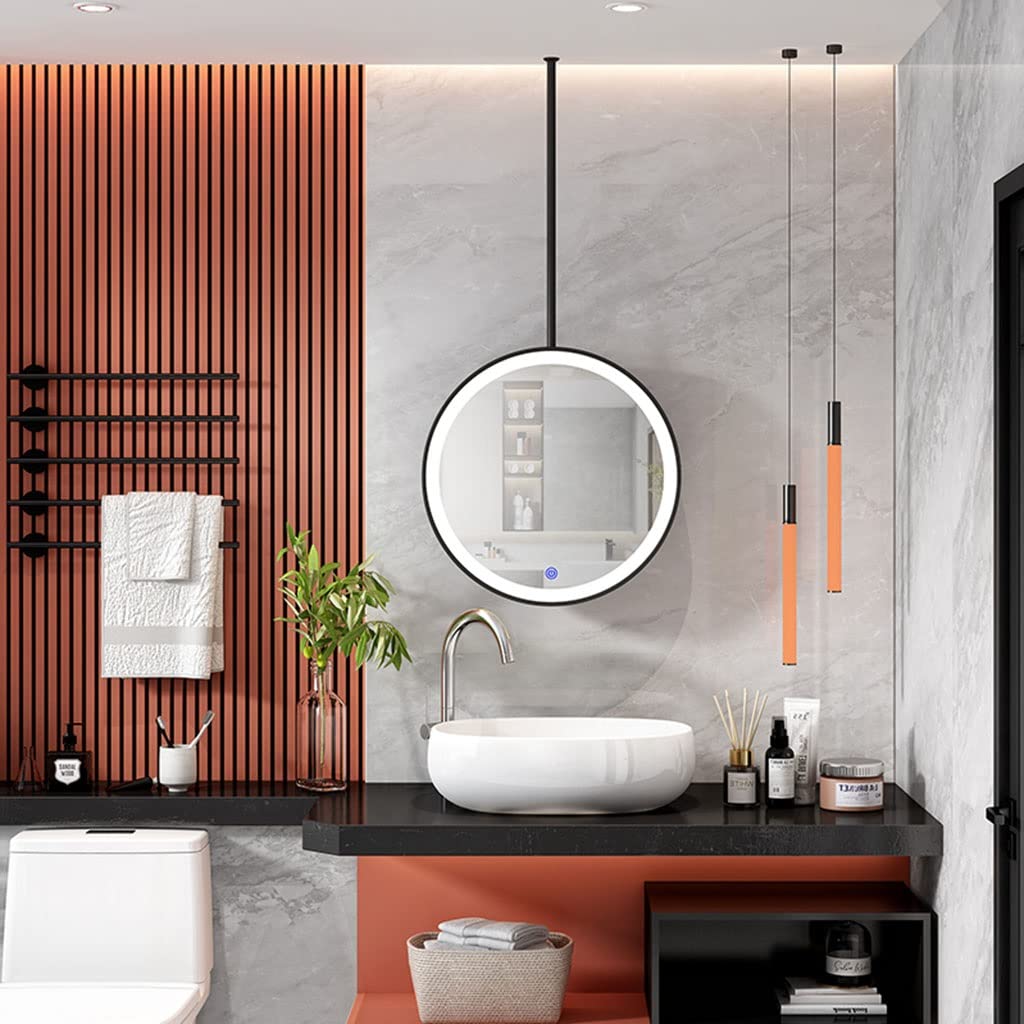 BKSXSOP LED Round Wall Mirror with Metal Frame, 80cm, Black - Illuminated Bathroom Adjustable Arm, Perfect for Modern Decor and Daily Grooming