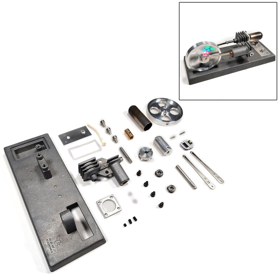 Kit motore Stirling con volano luminoso, 12 × 6 × 6 cm | Il volano luminoso completa il meccanismo autoassemblato con un effetto luminoso visibile.