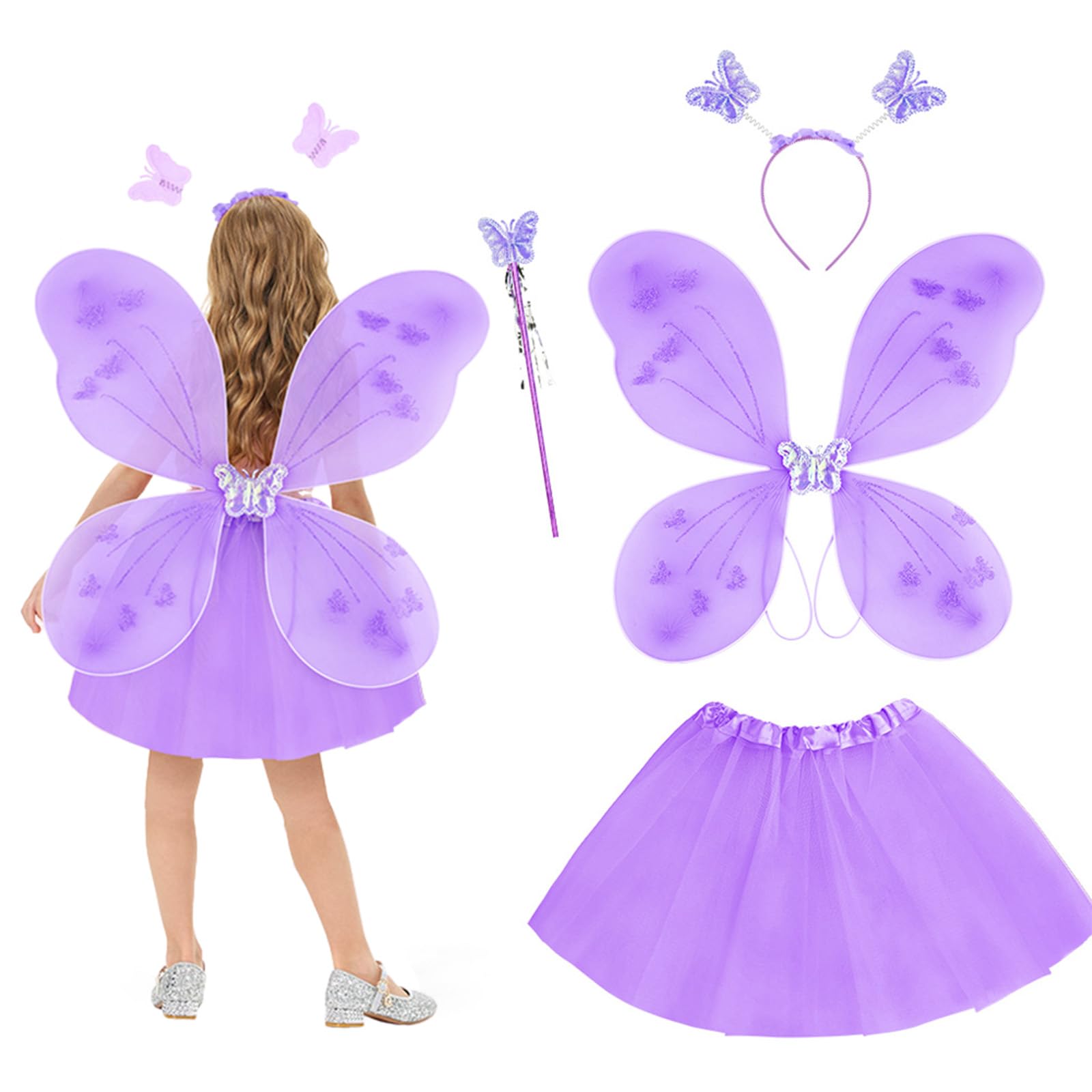 Ailes De Papillon Et Fée – Set Avec Baguette Magique – Costume Carnaval – Violet
