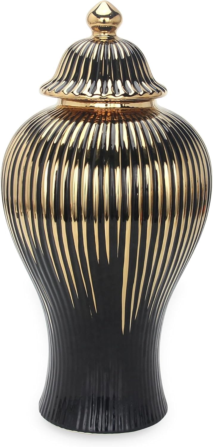 Vase Tabletop Black Gold Ceramic Ginger Jar Decorative Storage Flower Arrangement