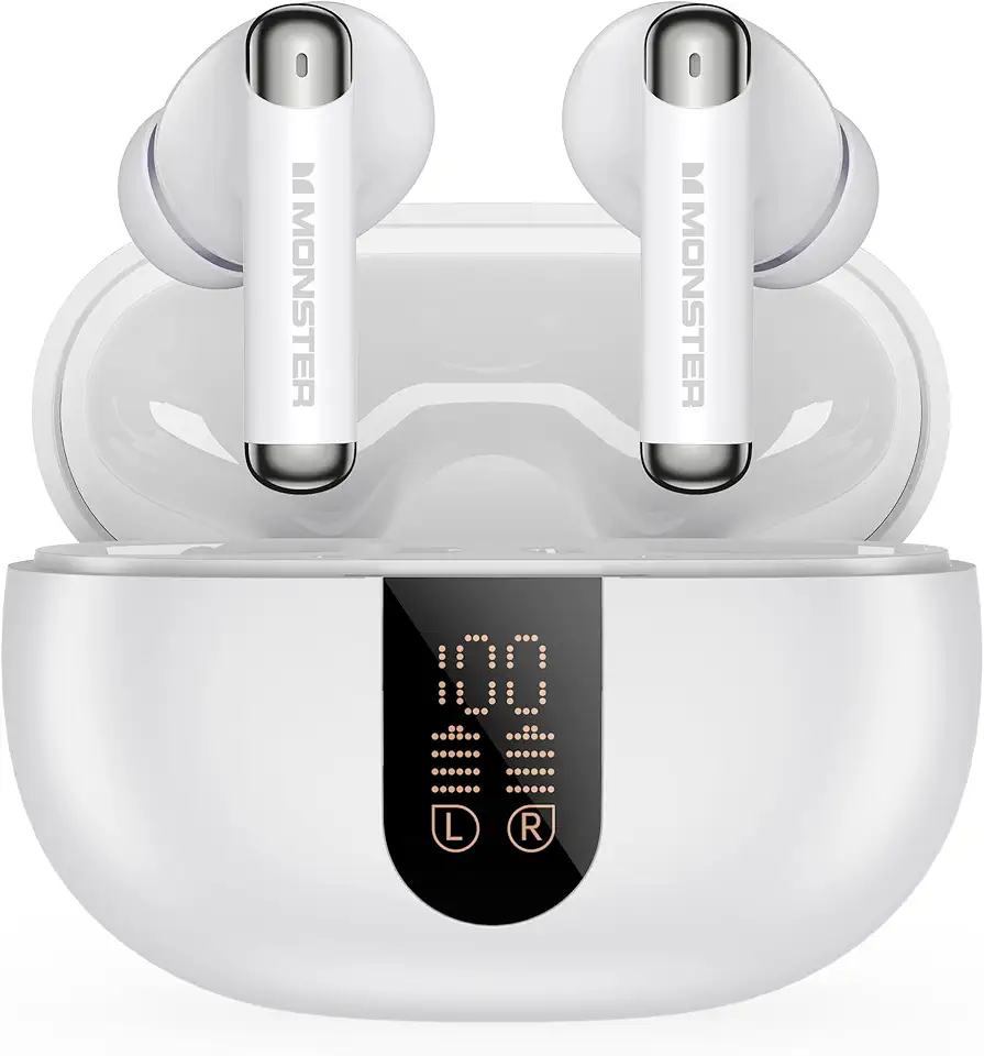 Monster N-Lite 211 Wireless Earbuds, Bluetooth 6.0 Stereo Headphones with Powerful Bass, Built-in Noise-Cancelling Mic for Clear Calls, LED Display, 36H Playtime, IPX5 Waterproof Design for Sports