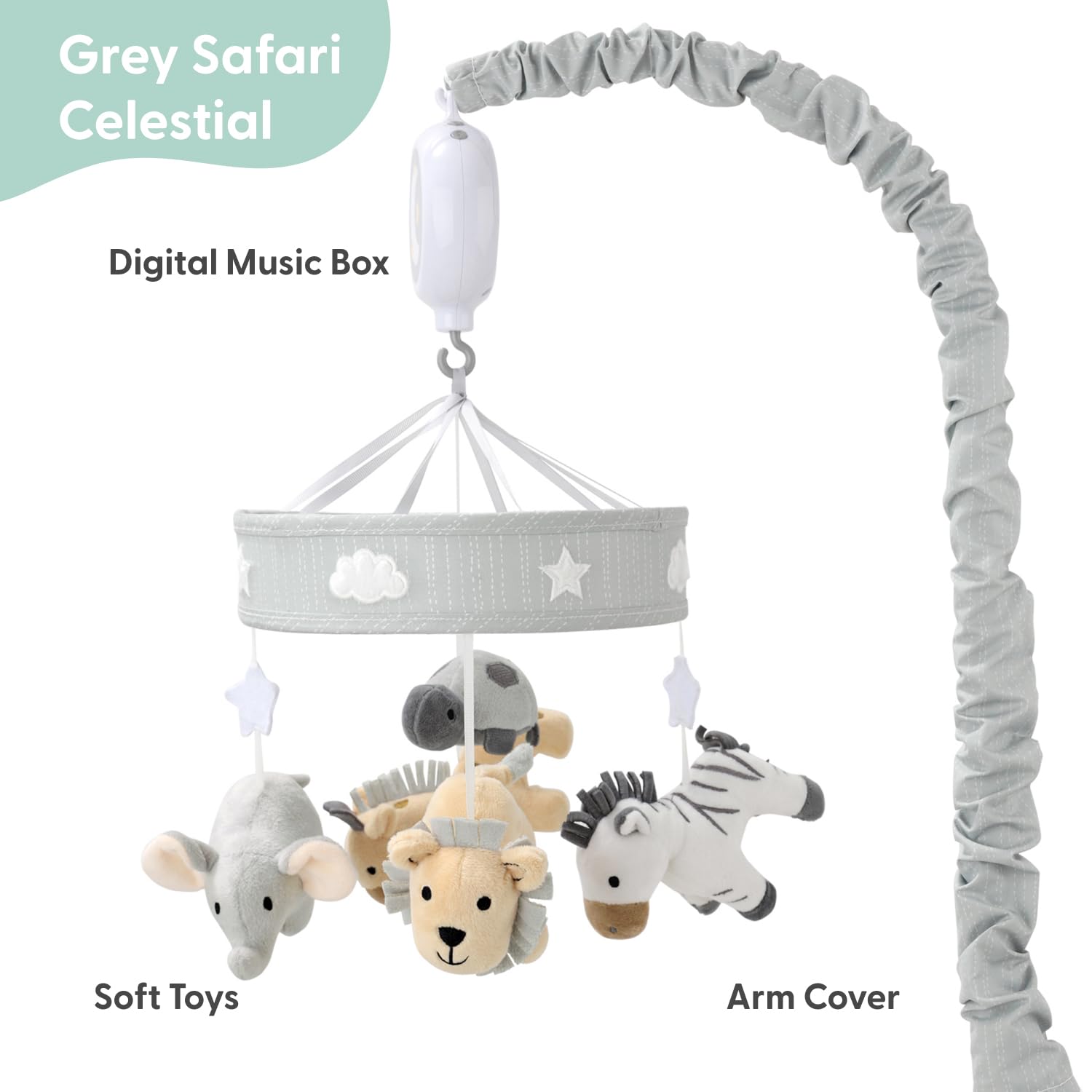 The Peanutshell Crib Mobile for Boys or Girls - Grey Musical Baby Crib Mobile with 12 Lullabies, Lion, Elephant, Zebra, Safari Plush Toys Hanging, Infant Baby Mobile Crib, Safari Nursery Decor - Image 2