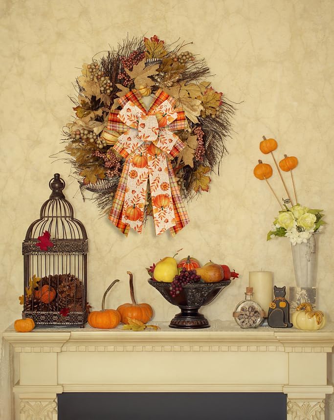 Miniatura 4 de Threetols 2 rollos de cintas de otoño con borde con alambre de 10 yardas, cintas de arpillera a cuadros naranjas de 2.5 pulgadas, cinta de calabaza