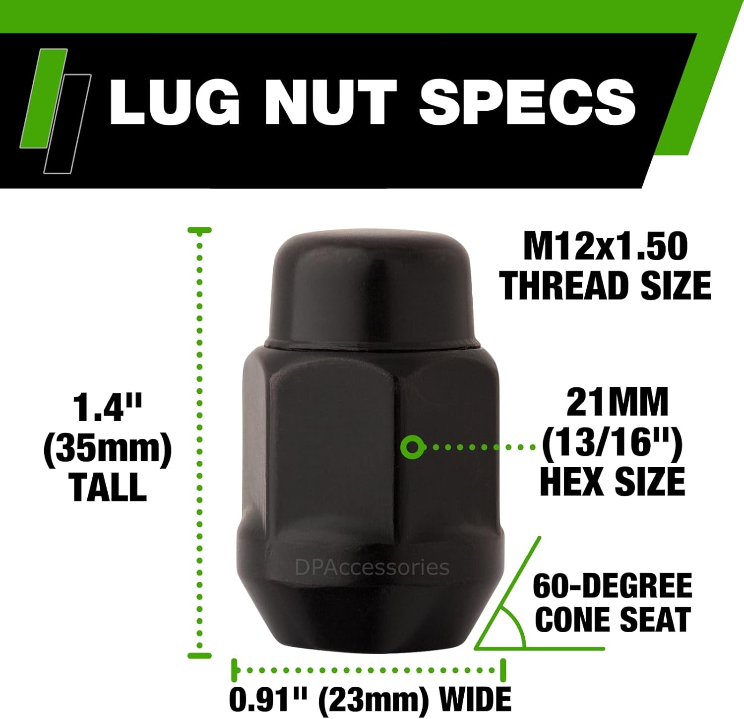 DPAccessories Black M12x1.50 Lug Nuts - Closed End Bulge Acorn - 21mm (13/16") Hex - 1.4" Tall - Set of 16 - LCB3C6HE2BK04016