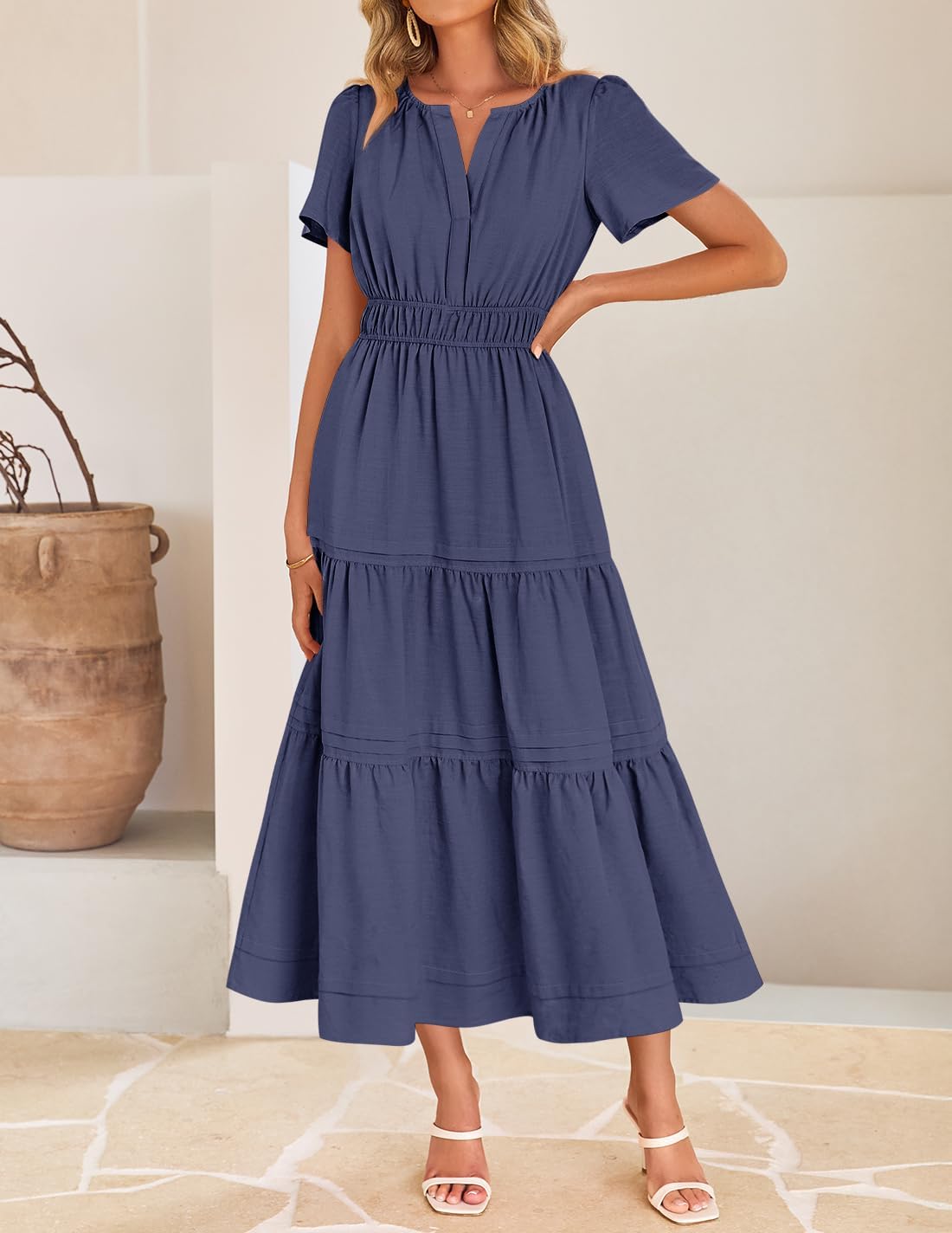 ZESICA Women's Summer Casual Short Sleeve Midi Dresses 2026 V Neck Elastic Waist Tiered Flowy Boho Dress with Pocket - Image 3
