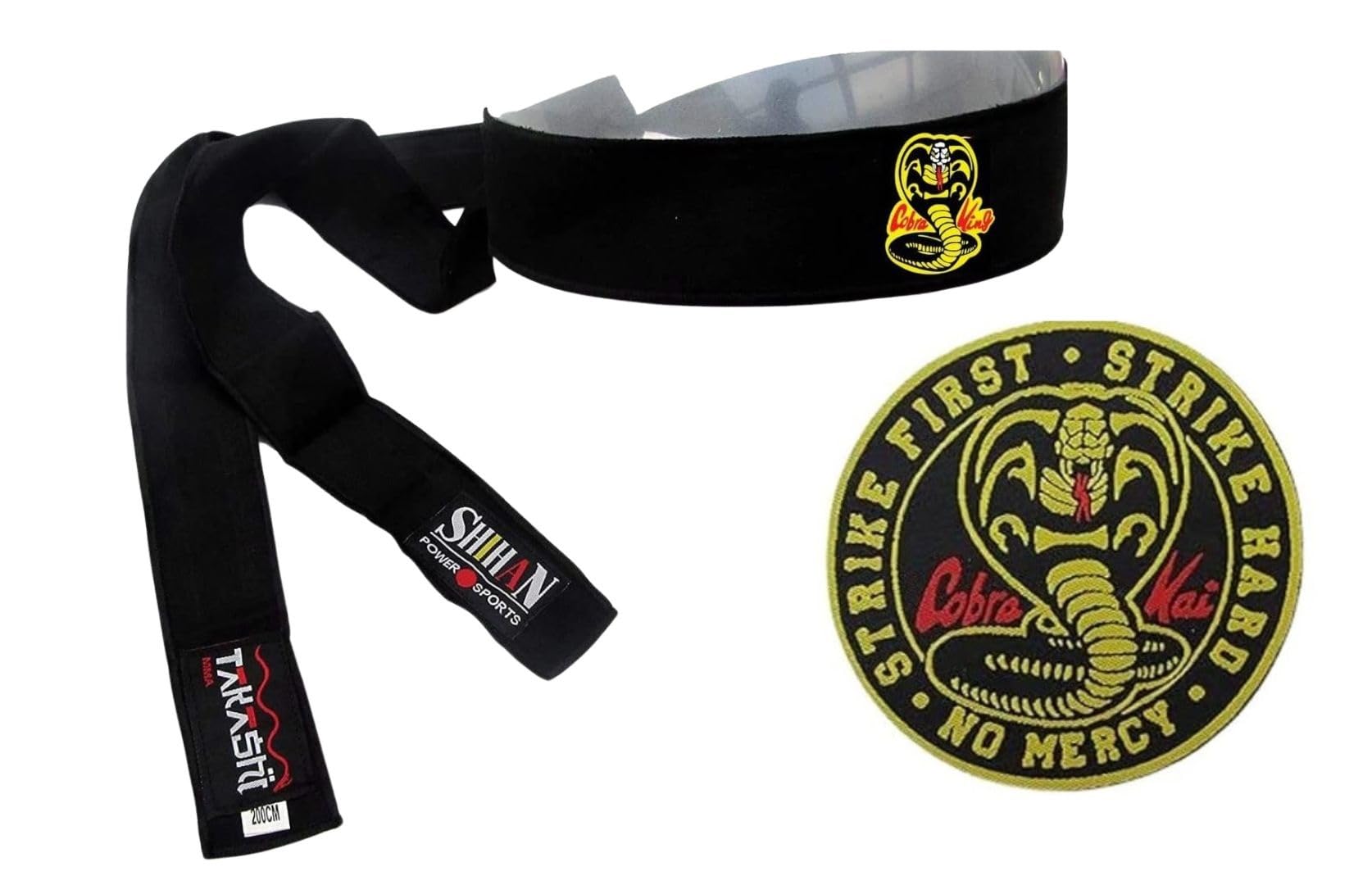 Shihan Power Sports Unisex Kids Black Cobra Gold Kais King Headband & Cloth Badge Strike First Karate Kids Mr Miyagi Daniel Larusso Movie Headband Men Women Children Novelty