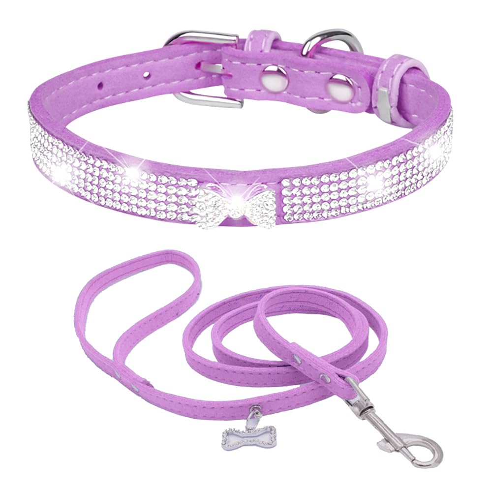 Dogs Kingdom Personalized Suede Dog Cat Collar & Leash - Glitter Crystals Made - Cute Tie Crystal Sparkly Rhinestones Pet Collar for Small Medium Dogs Cats,Purple,XS:8-10" Neck