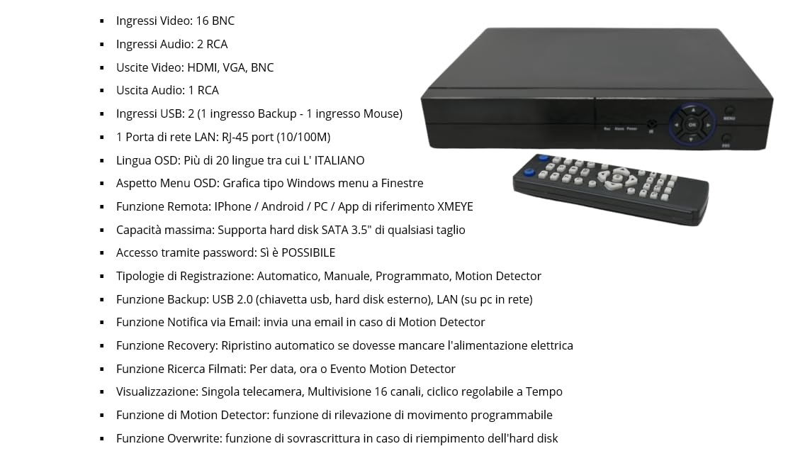 DVR 16 CANALI DI INGRESSO BNC Full HD IBRIDO 6 IN 1 Telecamere IP COMPATIBILE P2P App Xmeye