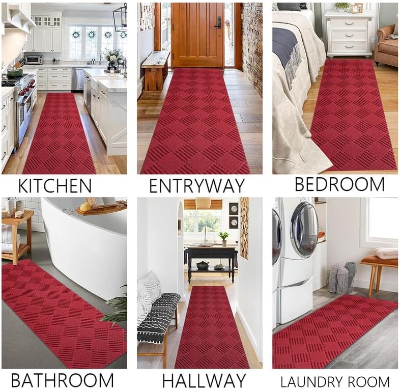 Hallway Runner Rug 2FTx4FT Washable Non-Slip Rubber Back Area Rug Indoor Outdoor Carpet Door Mat for Floor Entryway Bathroom Laundry Room Foyer Balcony Kitchen Bedroom Living Room Red