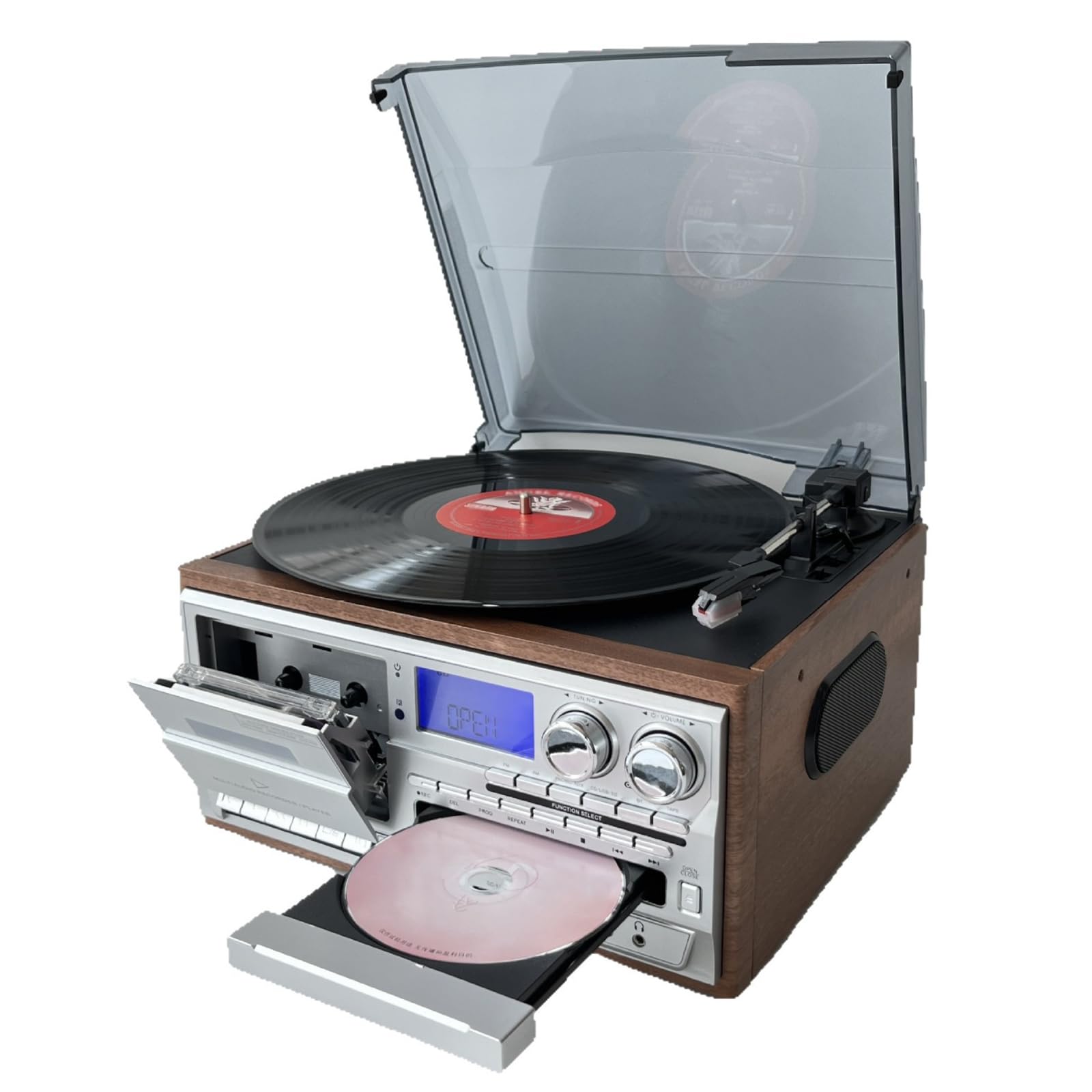 Sistema di intrattenimento retrò 10 in 1 con Bluetooth, lettore di cassette, giradischi in vinile, telecomando, altoparlanti integrati per uso domestico e ufficio