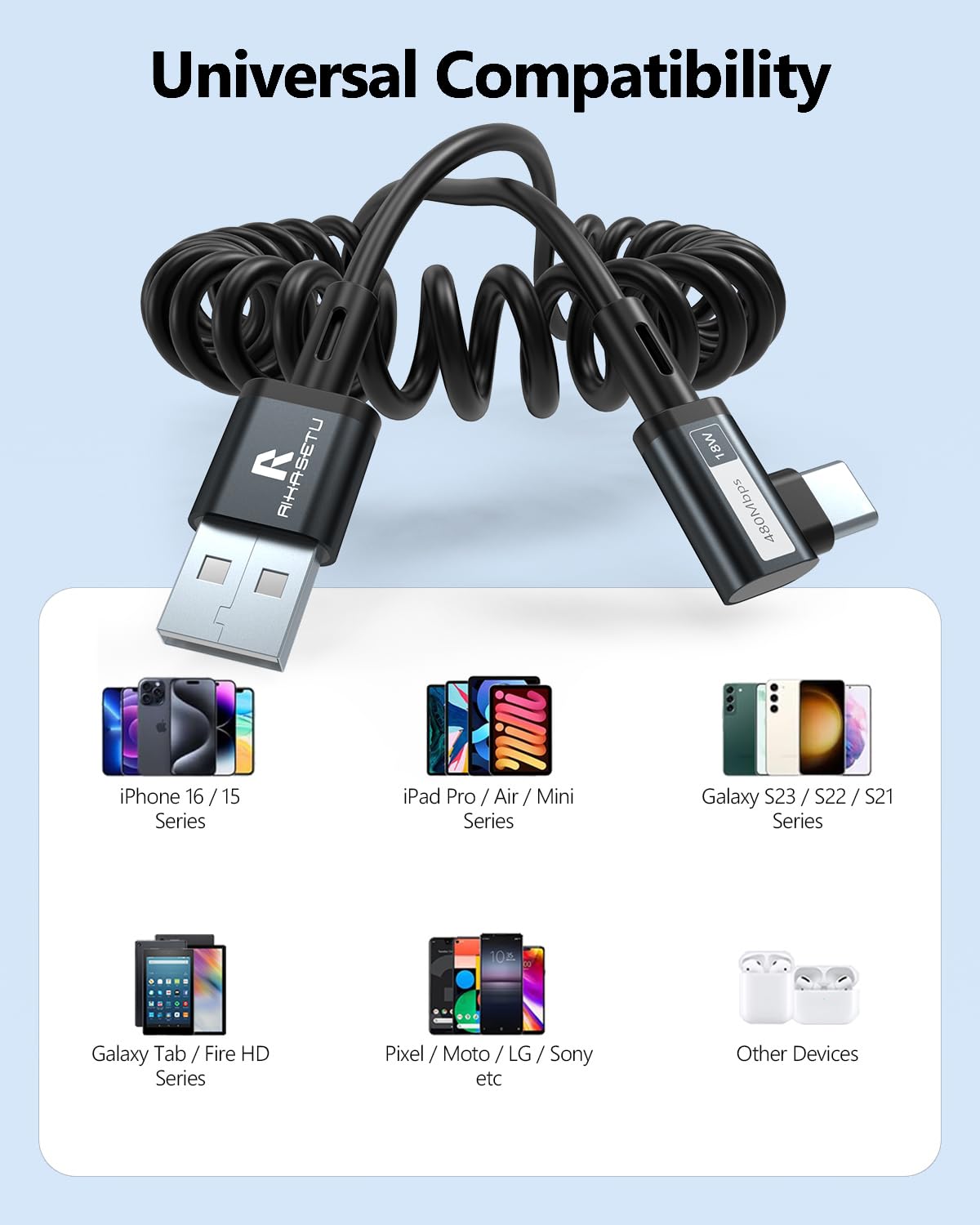 Cavo USB C a spirale, [confezione da 2] Cavo a spirale da USB A a USBC ad angolo retto di 90 gradi, ricarica rapida di tipo C, lunghezza consigliata [1,5 ft] compatibile con iPhone serie 16/15, per