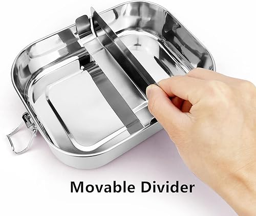 Miniatura 6 de Contenedores de almuerzo de acero inoxidable de 47.3fl oz con tapa, caja bento de metal para adultos, cuchara y tenedor, 1 o 2 compartimentos,