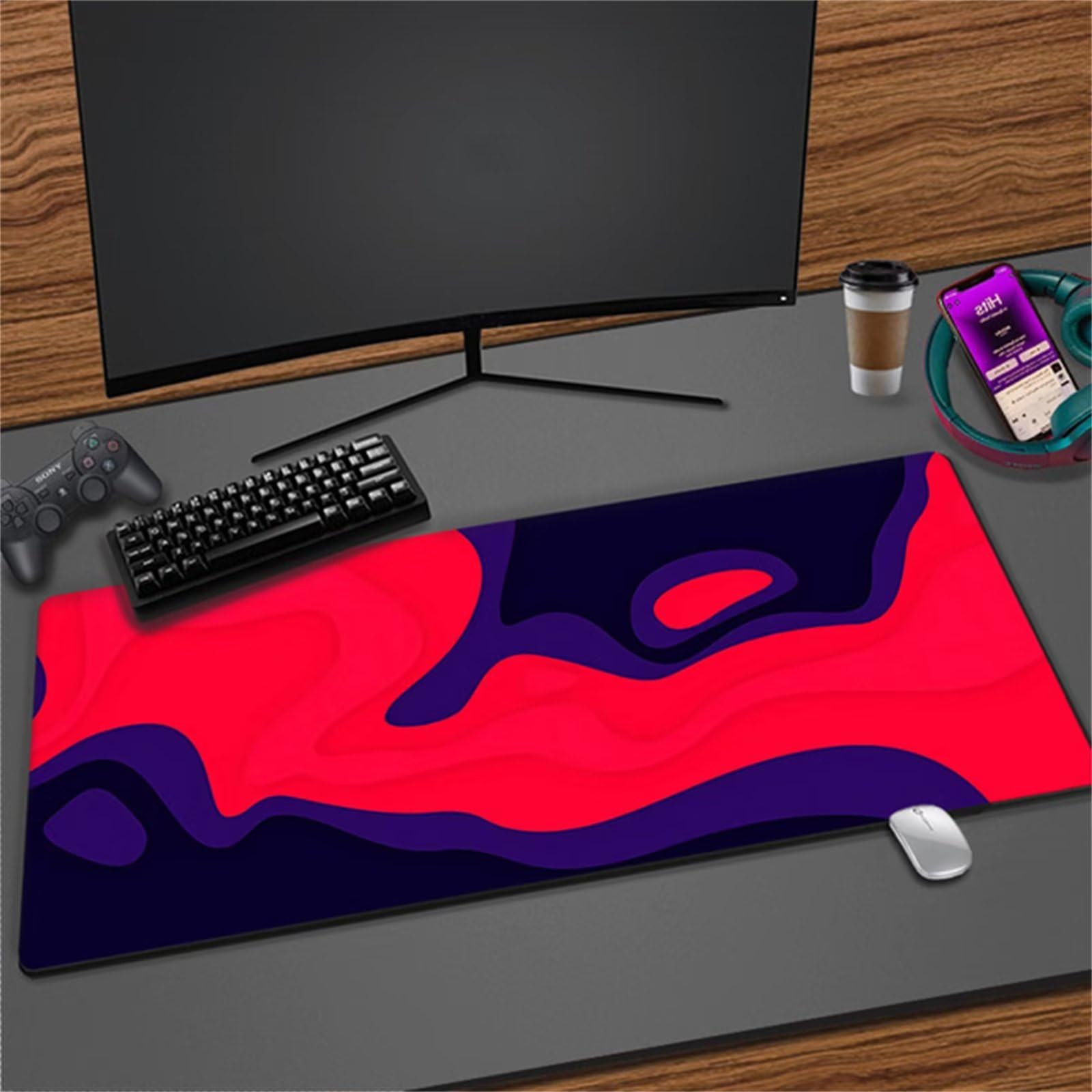 Large Gaming Mouse Pad Stitched Edges Red Black Geometric Mouse