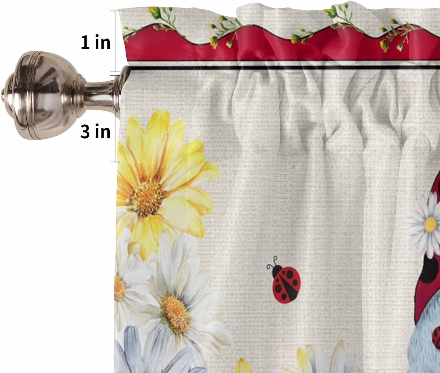Ladybug Gnomes Tier Curtains 36 Inches Long, Farm Summer Daisy Floral Rod Pocket Window Curtains Panels for Bedroom/Bathroom/Nursery, Small Short Half Curtains Drapes for Cafe 55''x36''