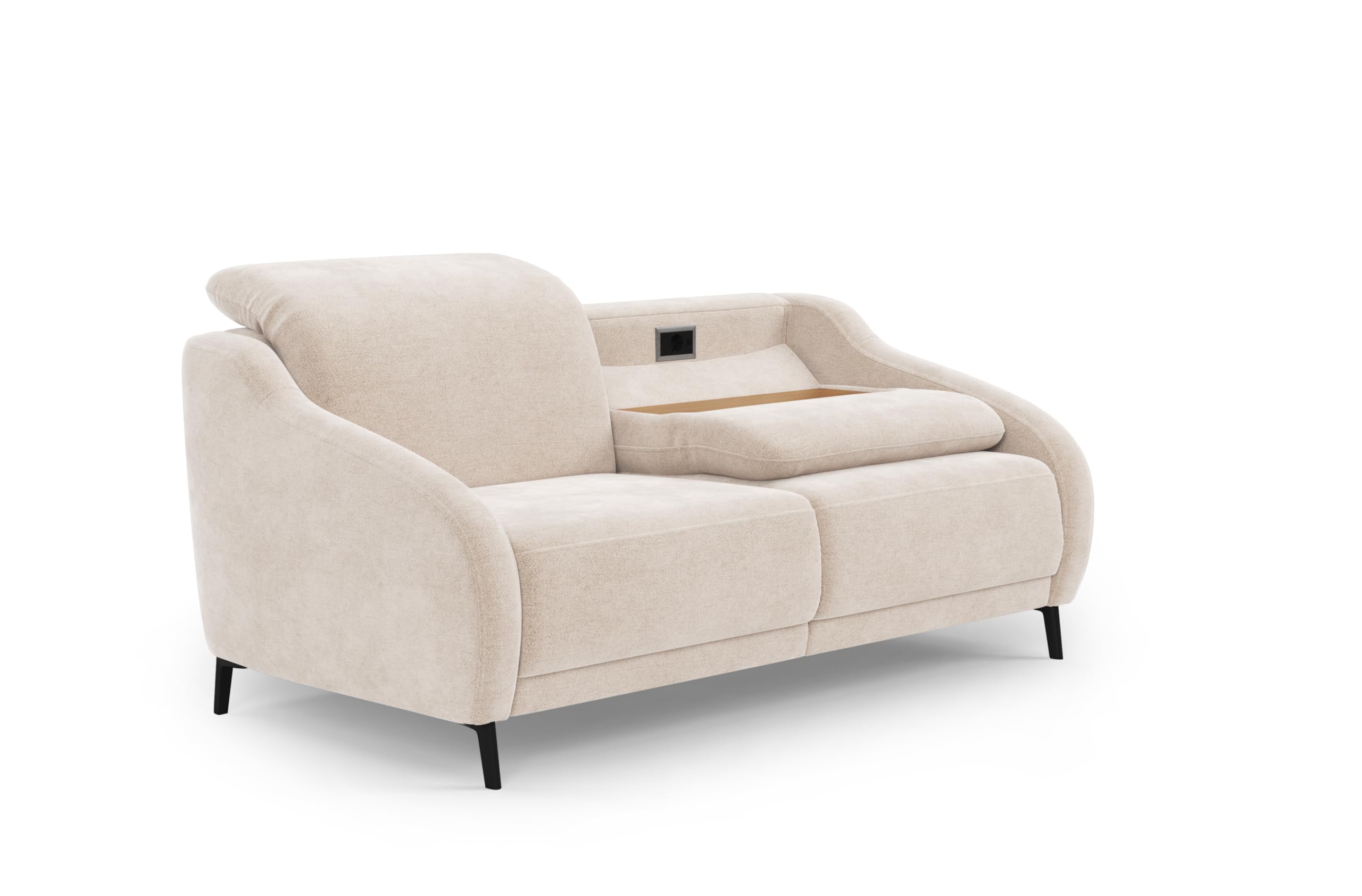 Cavadore 3er-Sofa Blue, 3-Sitzer Couch im modernen Design mit motorischer TV-Funktion inkl. klapptisch, USB-Anschluss, Kopfteilverstellung, mattschwarzen Metallfüßen, 192 x 93 x 104, Mikrofaser, Beige