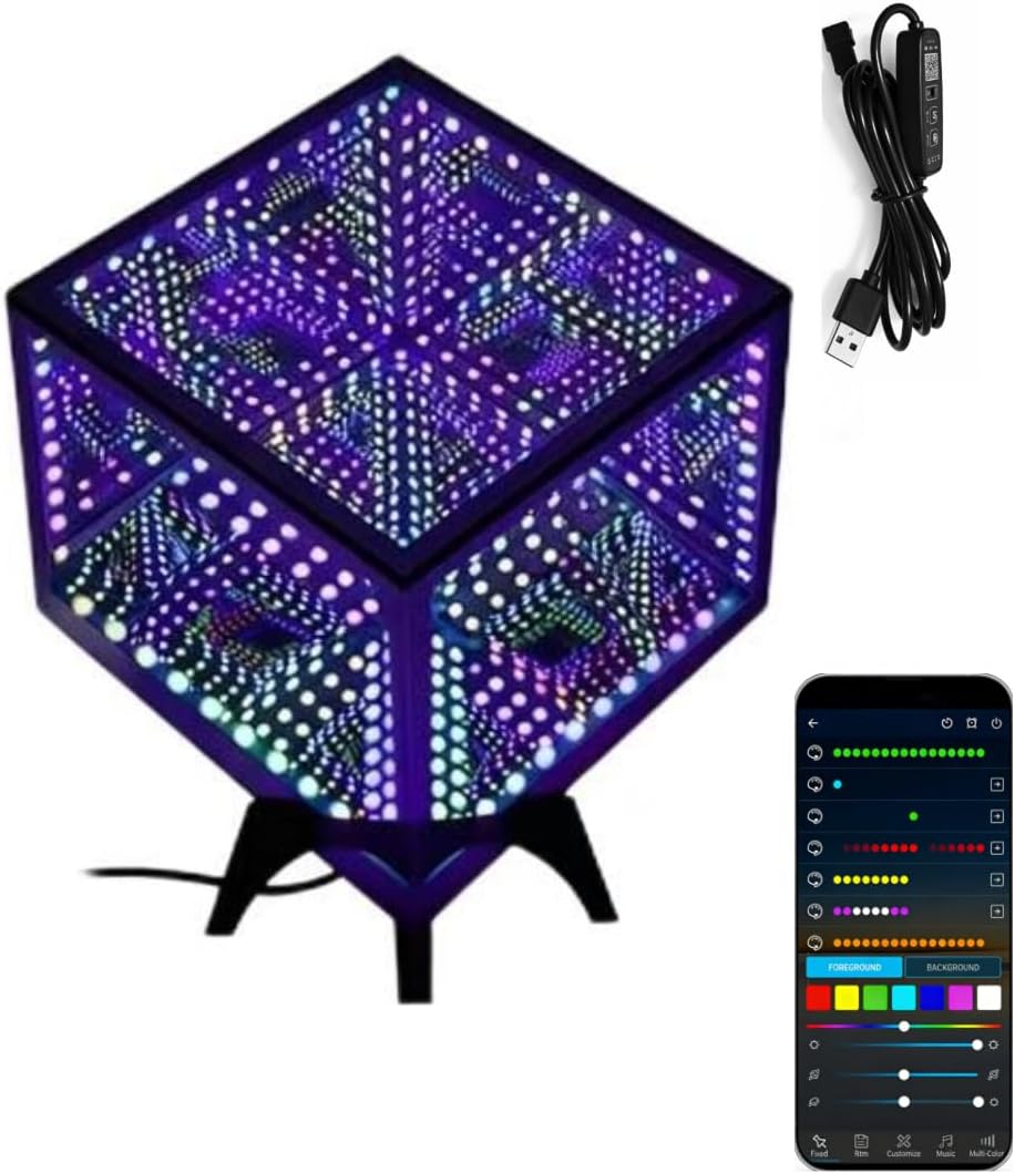 Infinity Hyper Cube LED Table Lamp - Infinity mirror desk Lamp with 100+ Patterns, Music Sync, App Control,Cool Color Changing Night Lights For Gaming,party,living room,bedroom, light display(7Inches)