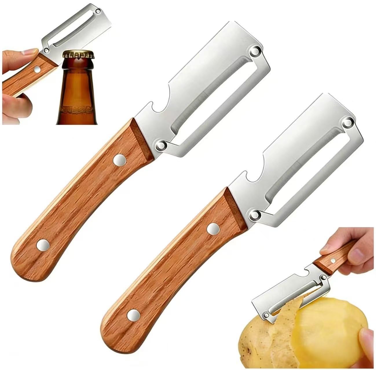 Photo 1 of Premium Vegetable Peeler with Wooden Handle and Bottle Opener: 2-in-1 Stainless Steel Kitchen Tool for Fruit Apple Potato Pumpkin Papaya (2 PCS)
