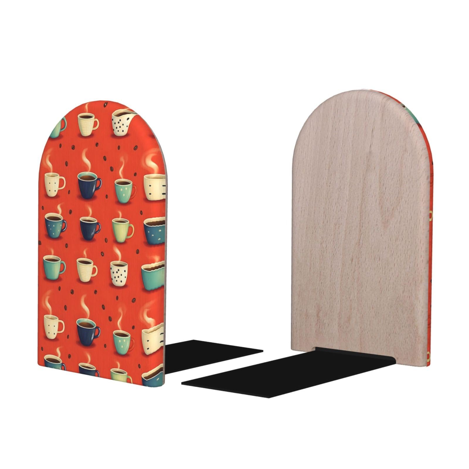 Cartoon Coffee Print BookEnds 1 Pair, Decorative Bookends for Heavy Books, Wood Book Ends for Shelves, Book Organizer for Home Desk Office Supplies