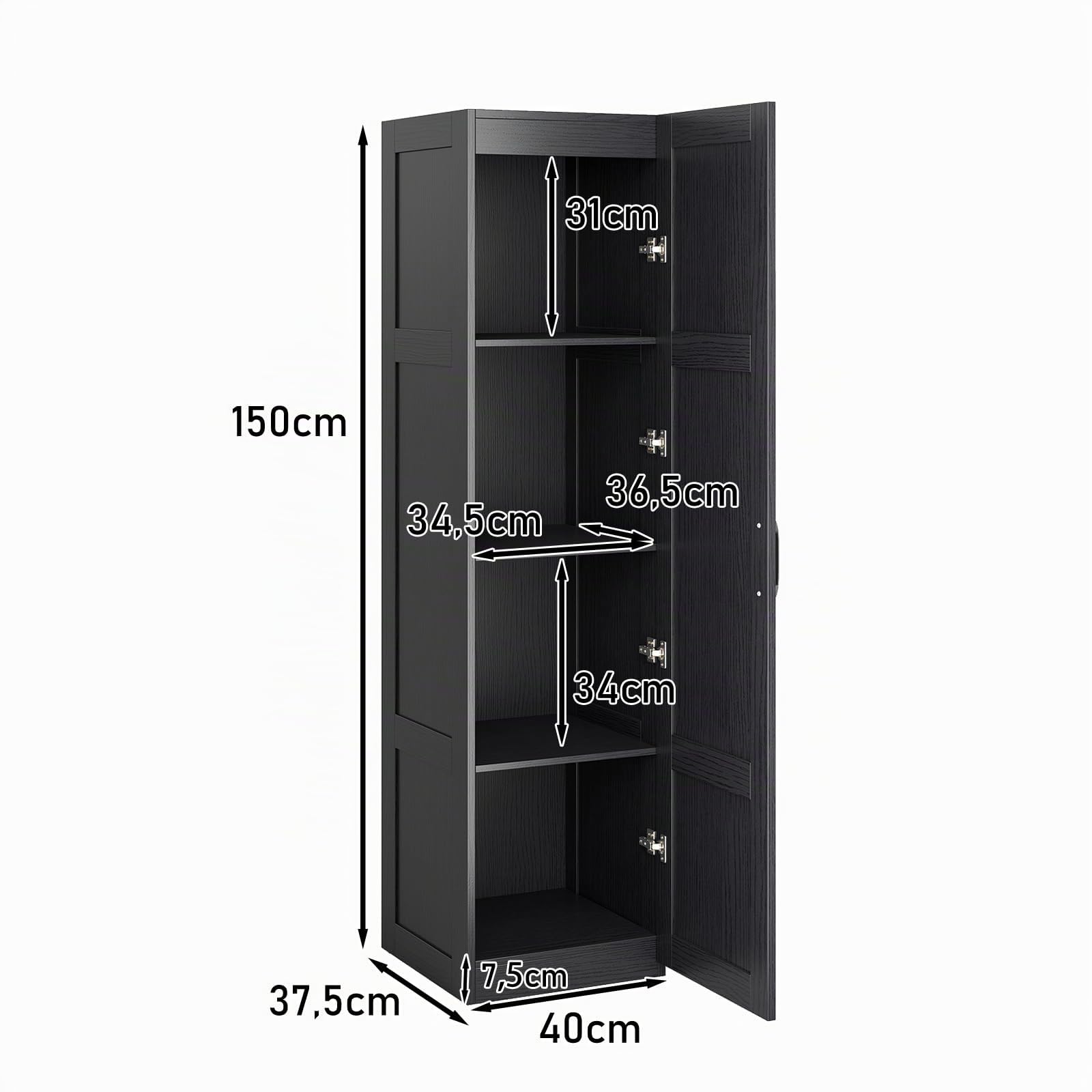 KOMFOTTEU Credenza da Cucina con Manico in Metallo, Armadio a Buffet Antiribaltamento, Mobile da Bagno Stretto a 4 Ripiani, per Sala da Pranzo, Soggiorno, 37,5 x 40 x 150 cm (Nero)