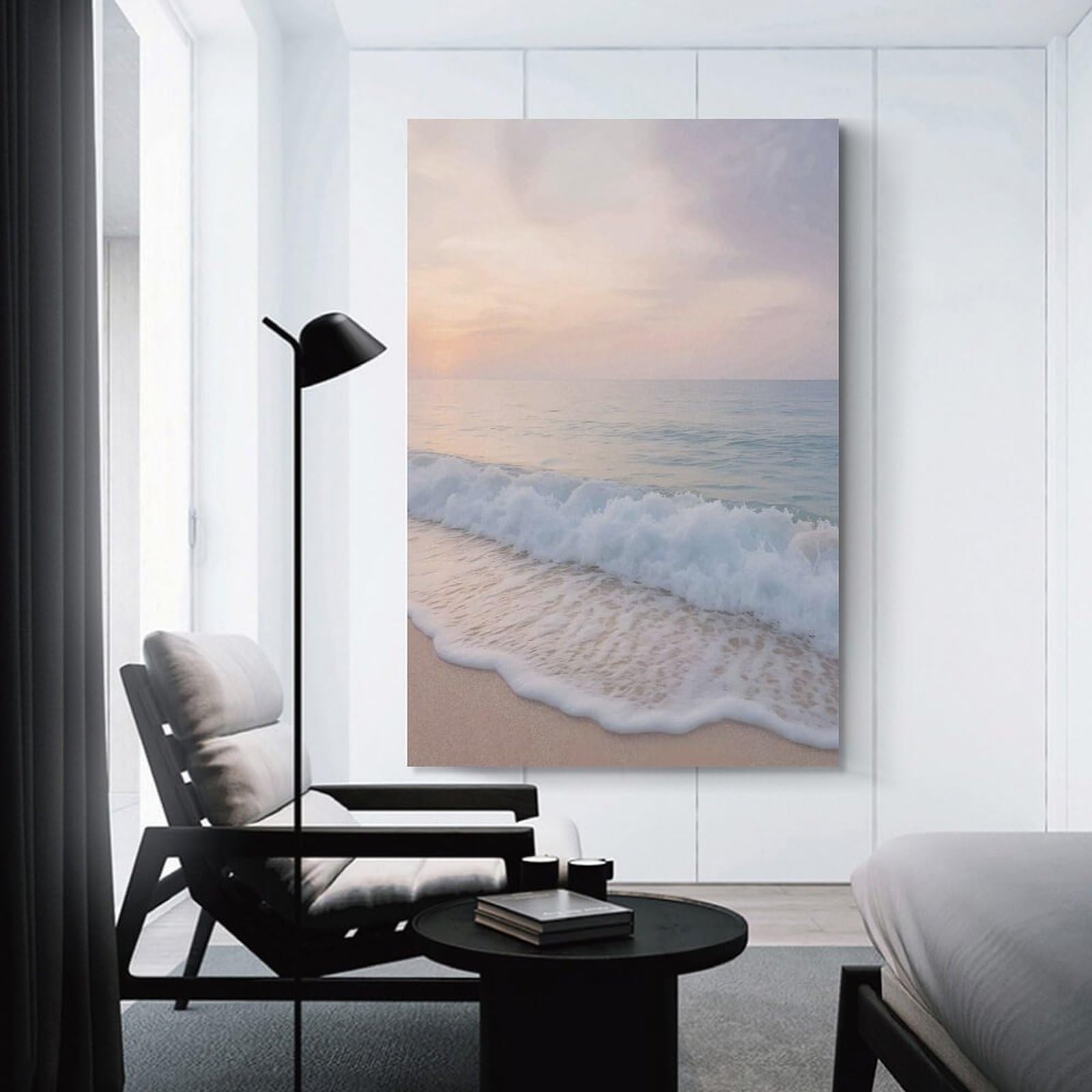 Junmoney Hanging Wall Art Pastel Beach Waves at Sunset, 24x36inch(60x90cm), for Work Areas, Reading Rooms Or Studios, Wall Art That Adds Style to Work Areas