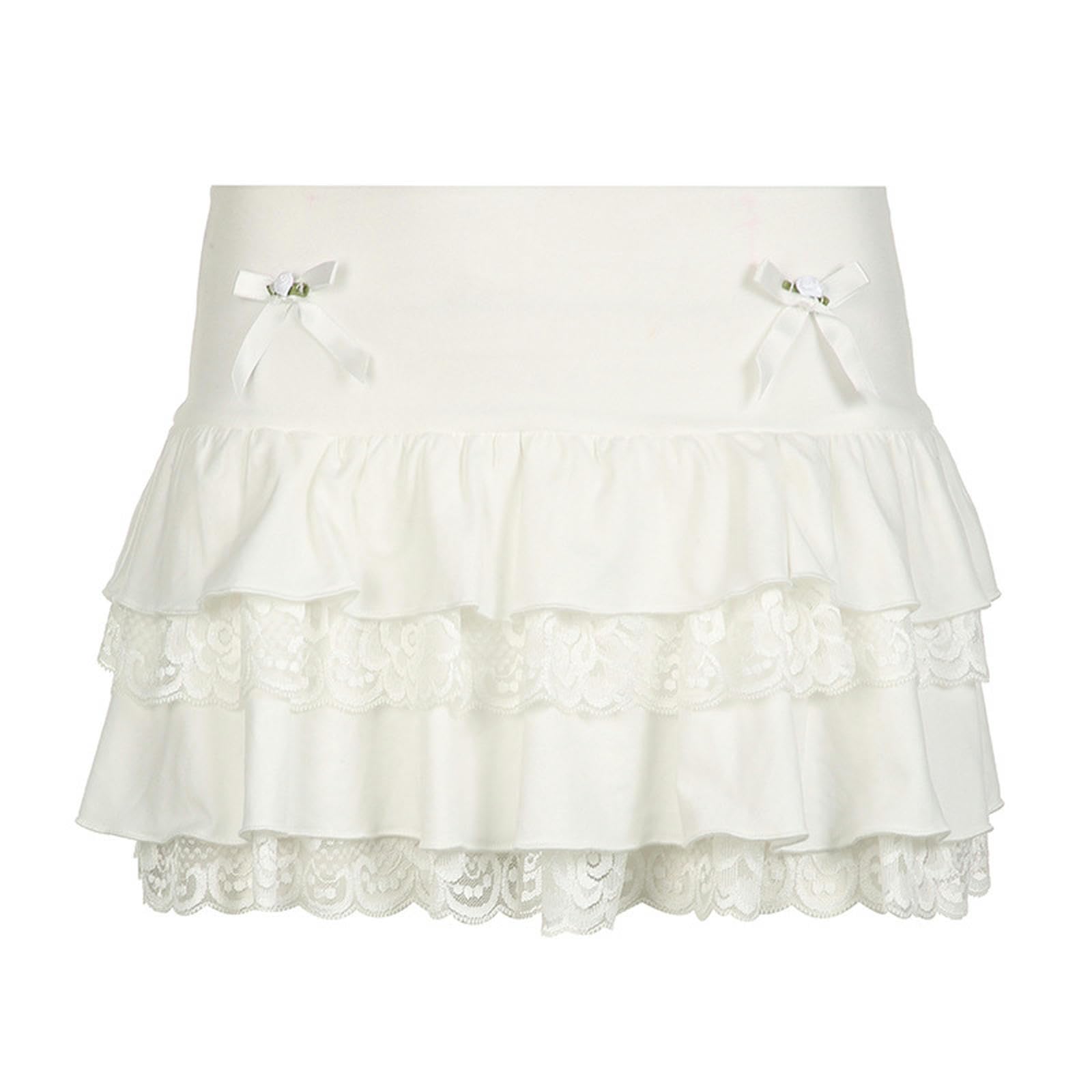 Falda de Pastel de Empalme de Encaje Decorada con Flores de Lazo Falda ultracorta versátil de Cintura Baja para niña Dulce y Picante-Blanco-S
