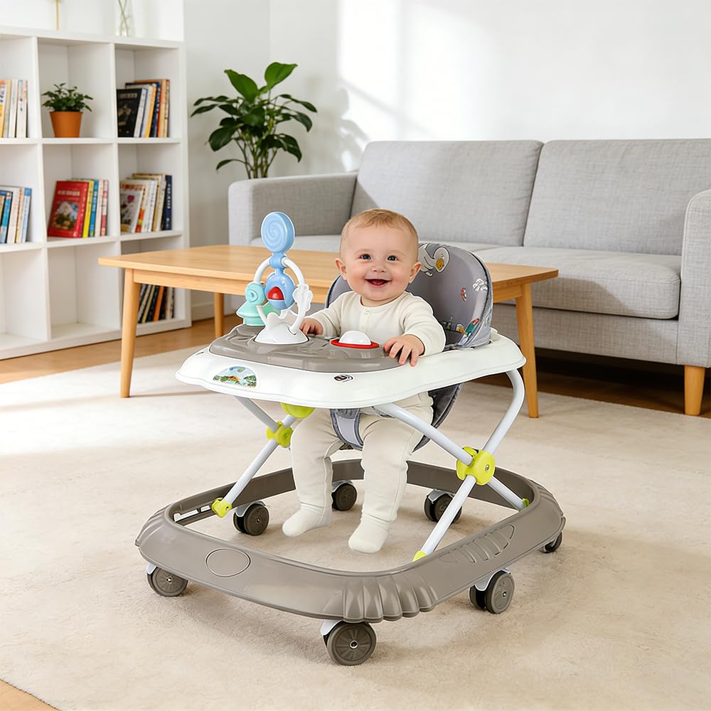 Andador de bebé, 6 meses juguetes y actividades, trotador con música y luces, asiento giratorio de 360 grados, 3 ajustable, asiento acolchado y lavable a máquina (67 * 72 * 92 cm - Caqui (B))