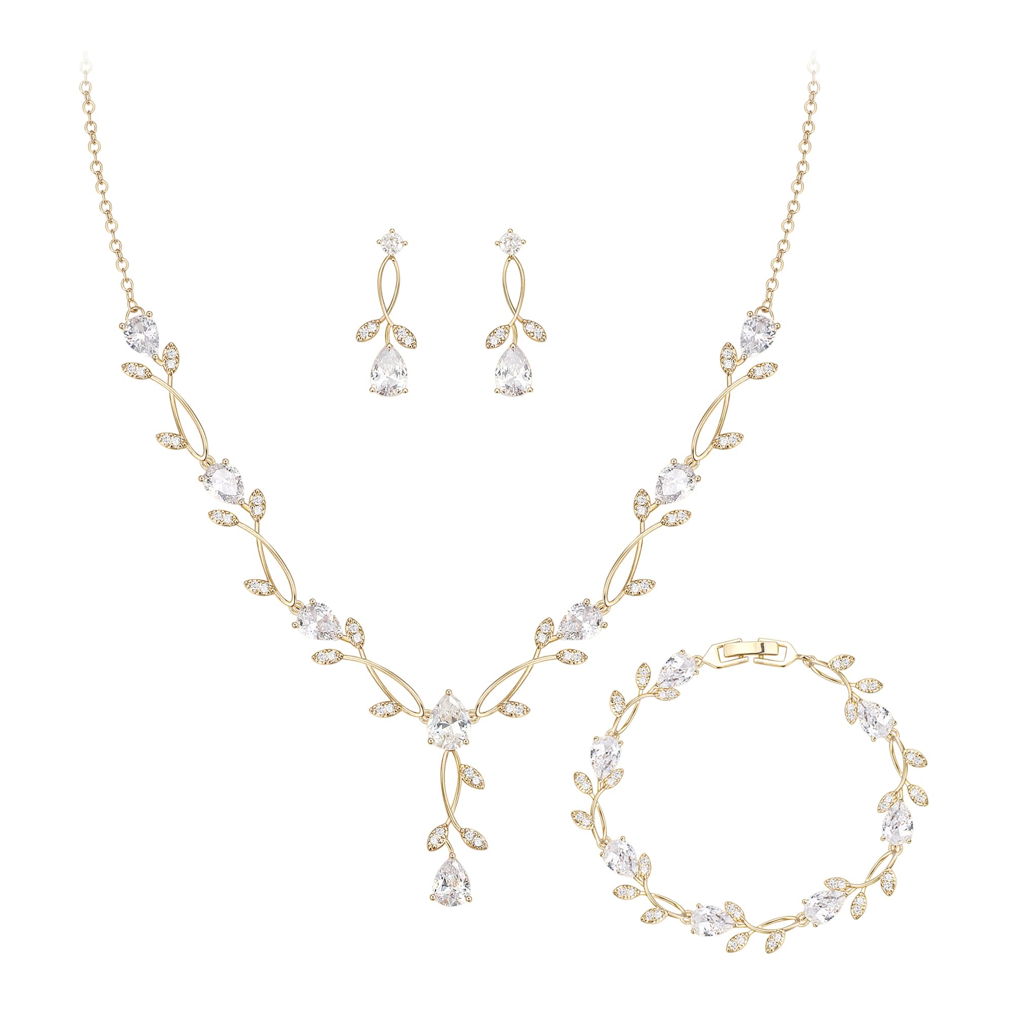 Crysdue Wedding Jewelry Set for Brides Bridesmaid, Cubic Zirconia Teardrop Marquise Leaf Cluster Pendant Necklace Bridal Tennis Bracelet Drop Earrings