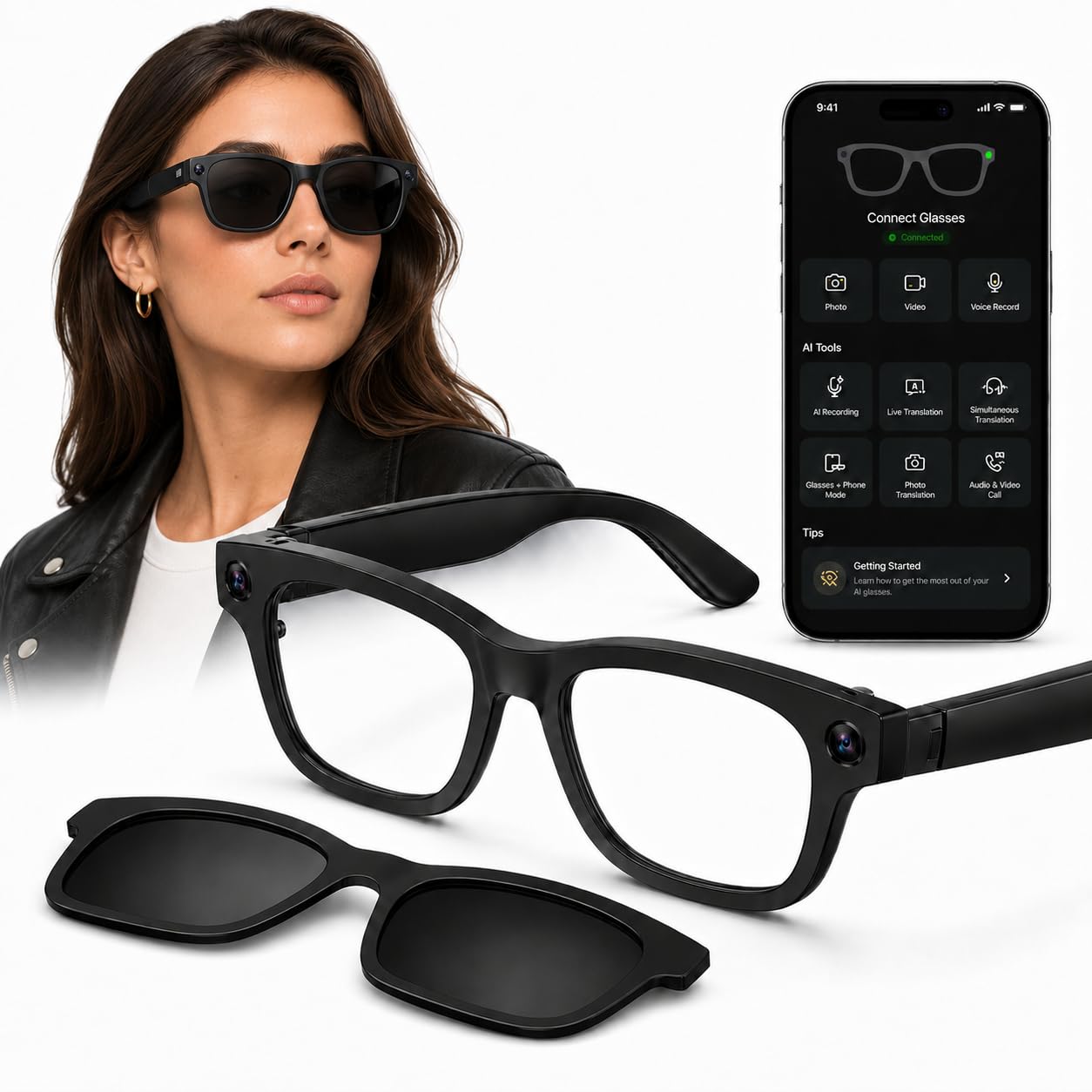 Men Women Teens AI Smart Glasses with HD Camera, Bluetooth Call&Music, Video Recording, Livestreaming, Real-Time Translation, Object Recognition, ChatGPT Voice Assistant, Replaceable Sunglasses Lenses-image-44